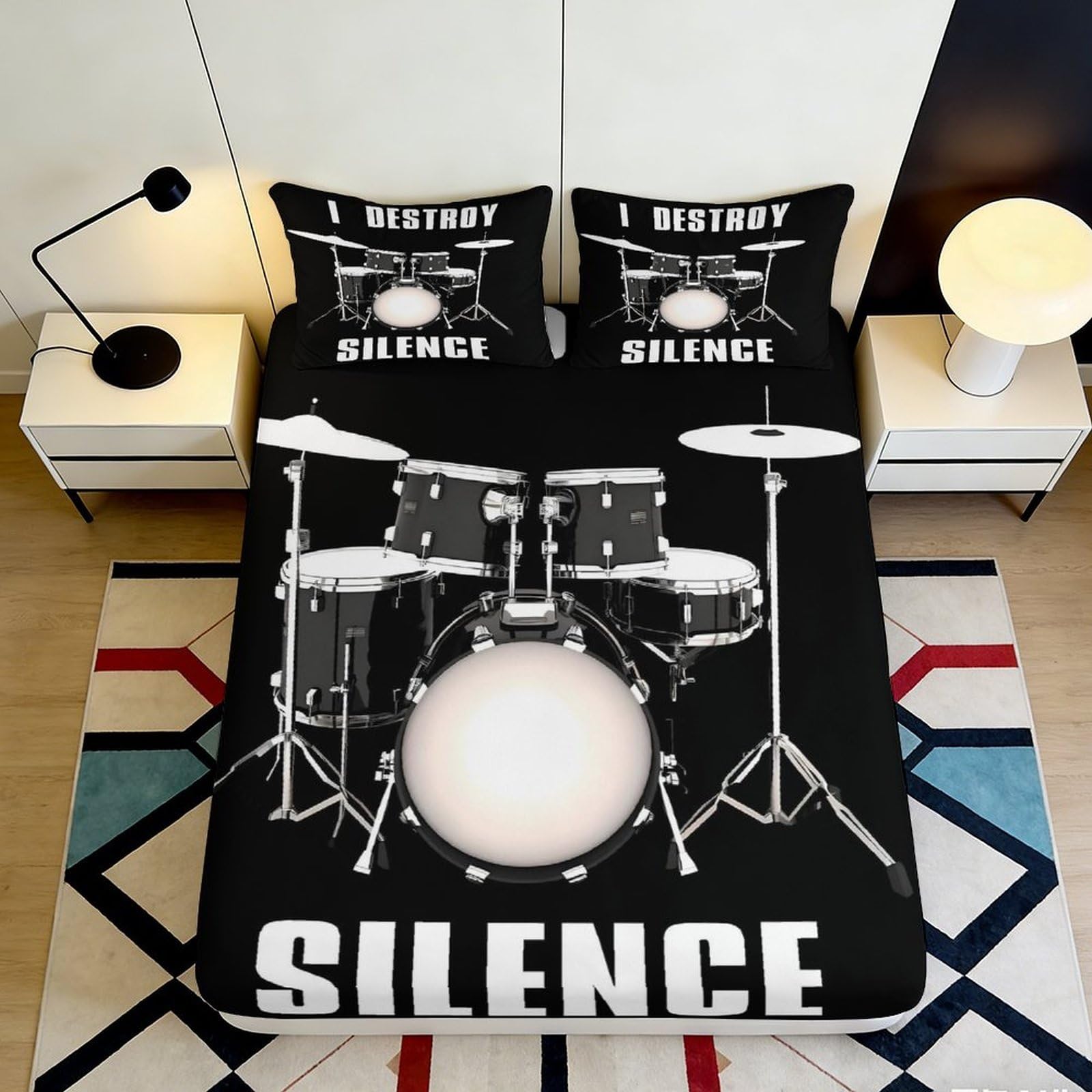 3D Printed Drum Set Fitted Sheet Microfiber Black Silence Music Bed Cover for Bedroom Guest Room Easy Care 90x200x25cm
