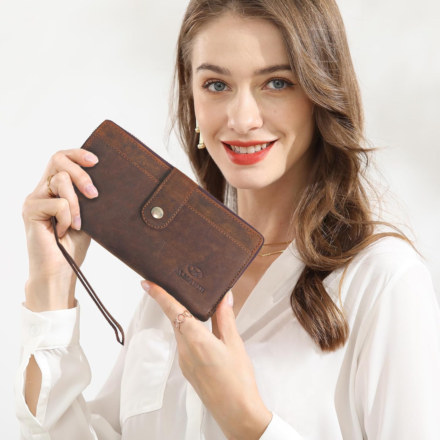 ALMADIH Große Leder Damen Portemonnaie mit Handyfach und Handgelenkschlaufe - Doppelter Reißverschluss, 12 Kartenfächer, RFID Schutz, Münzfach - Geldbeutel Geldbörse Brieftasche braun (Giana Vintage)