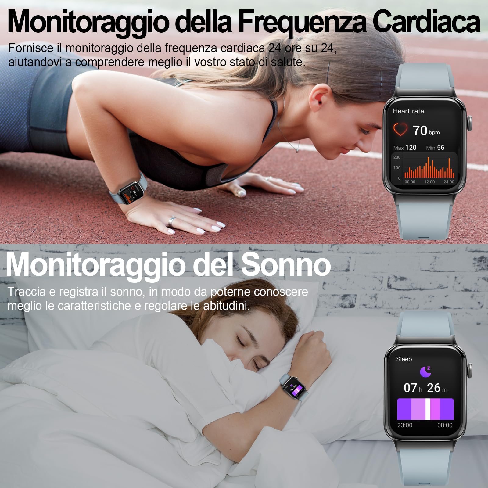 Smartwatch Uomo Donna, 1.85" HD Orologio Bluetooth Effettua/Risposta Chiamate, 110+ Sportive Smart Watch Cardiofrequenzimetro/Contapassi/SpO2/Sonno, Impermeabile IP68 Fitness Tracker per Android iOS