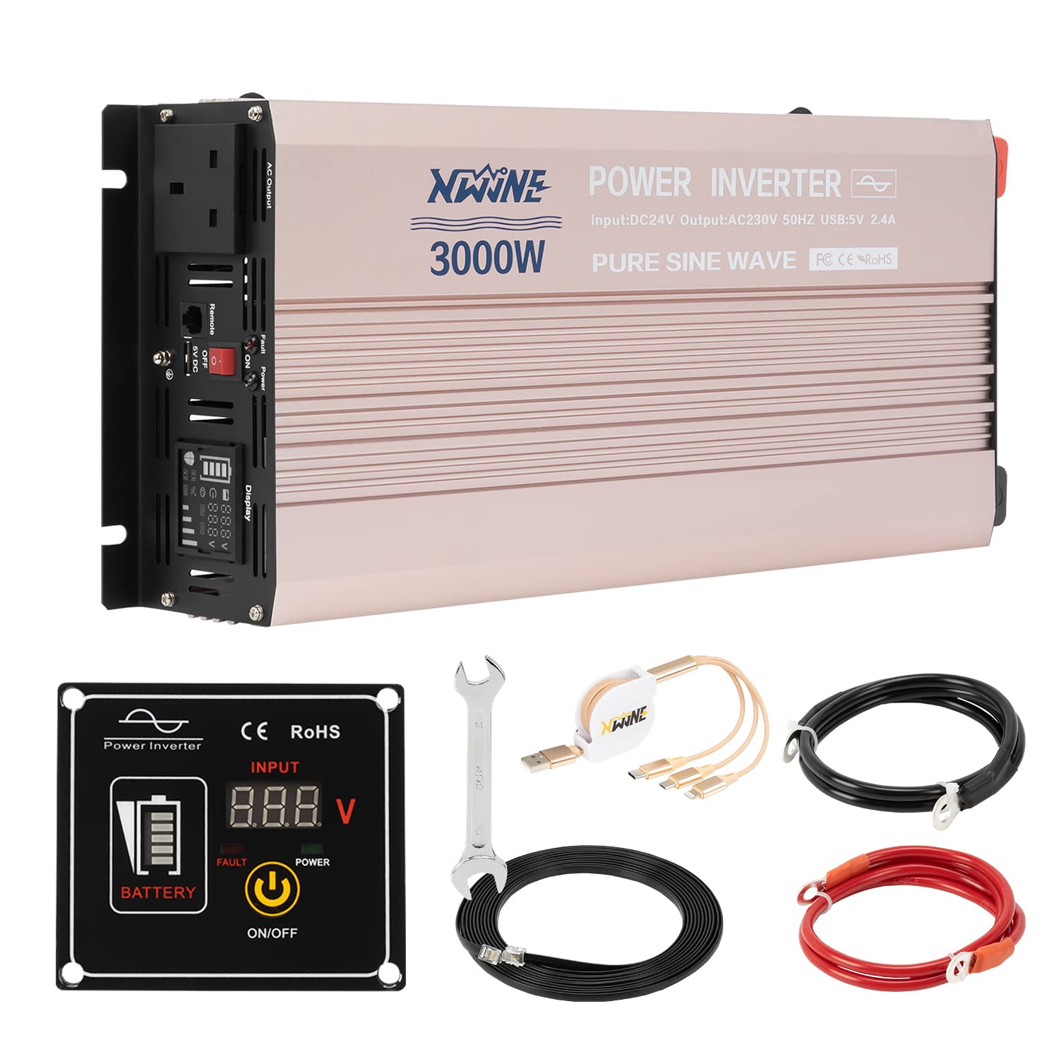 3000W/6000W Power Inverter 24V DC to 230/240V AC Pure Sine Wave Car Converter with 1 AC Sockets and 1 5V USB Port with Remote Control and LED Display suiable for Car, RV, Truck and Camping