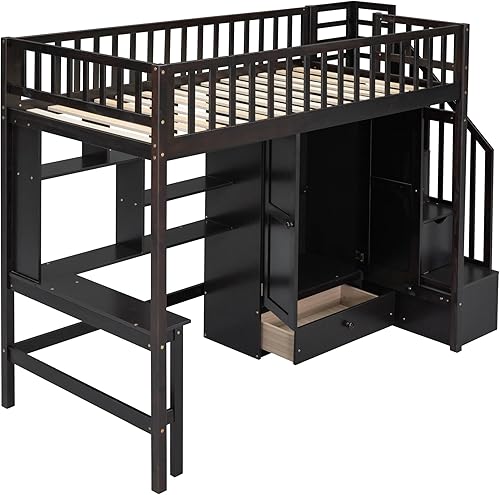 Miniatura 9 de SIYSNKSI Cama tipo loft moderna de tamaño individual con armario y 7 cajones marco de cama tipo loft de madera con escalera inclinada y escritorio