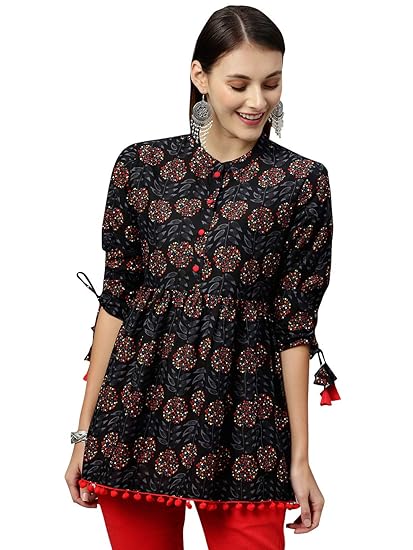 KIPEK Womens Cotton Floral Print Regular Wear Top (Black)