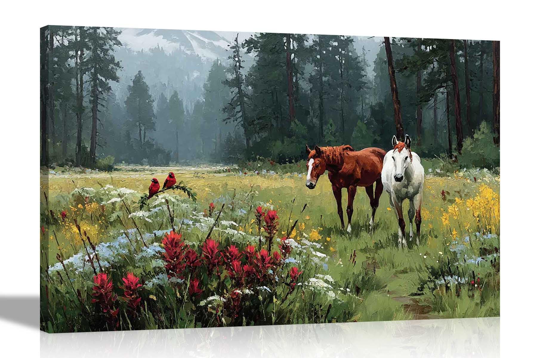 Artley Prints - Horses Grazing Meadow Landscape Canvas Wall Art Framed Prints Home Office Hanging 40 x 30cm (16 x 12 inches) A3