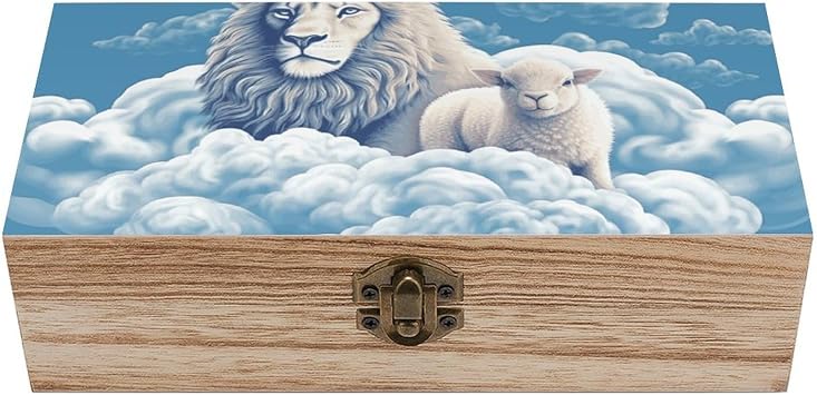 Wooden Jewelry Box Beautifully Keepsake Box Trinket Box Keepsake Storage Organizer Lamb with A Lion On The Clouds Handmade Wooden Box for Storing Jewelry, Coins, Tartot Cards, Small Treasures