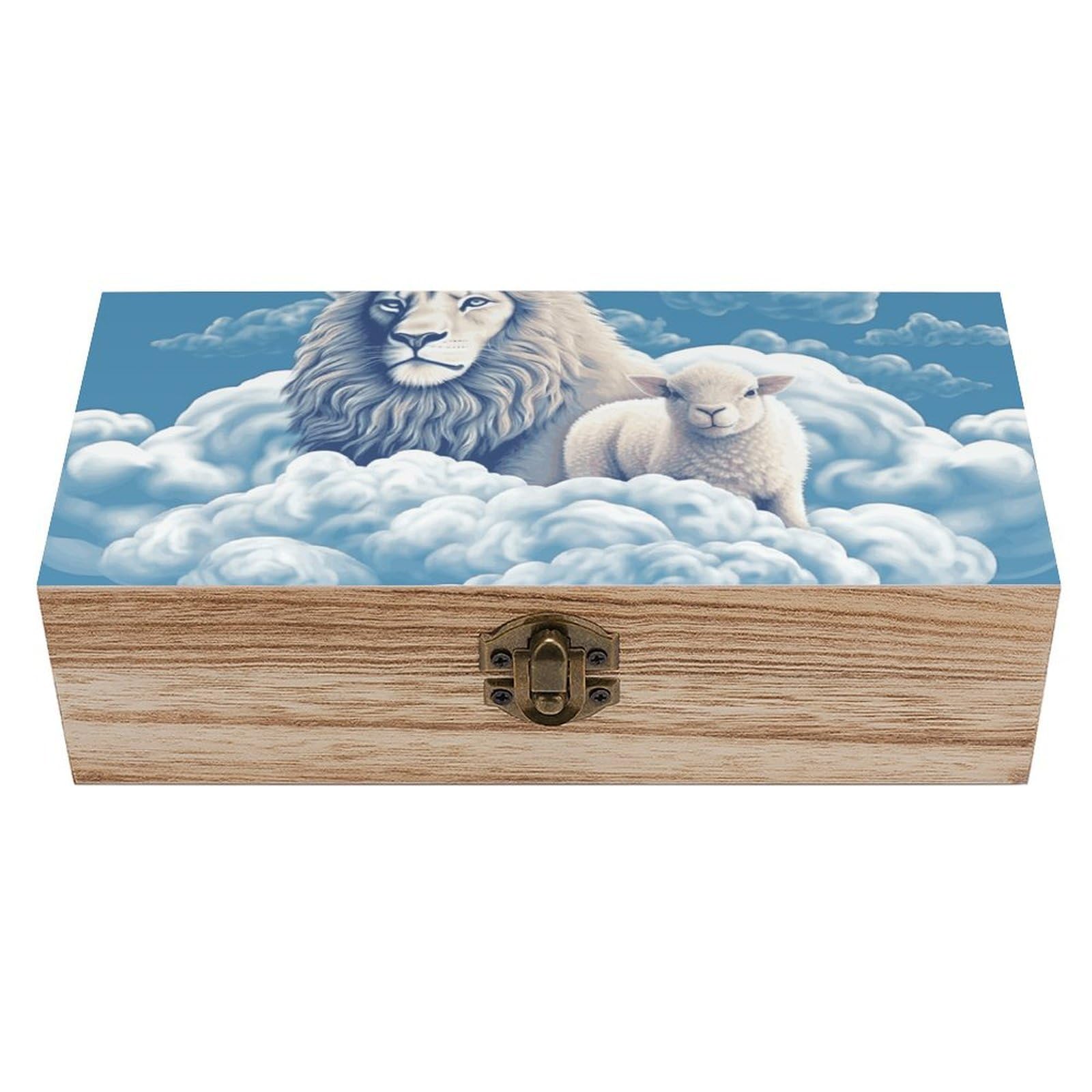 QMKFWT Wooden Jewelry Box Beautifully Keepsake Box Trinket Box Keepsake Storage Organizer Lamb with A Lion On The Clouds Handmade Wooden Box for Storing Jewelry, Coins, Tartot Cards, Small Treasures