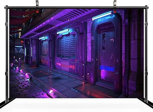 Miniatura 3 de Telón de fondo de ciudad Cyberpunk de 7 x 5 pies, estilo futurista, estilo grunge, urbano, neón, puerta de calle, paisaje urbano, fondo de
