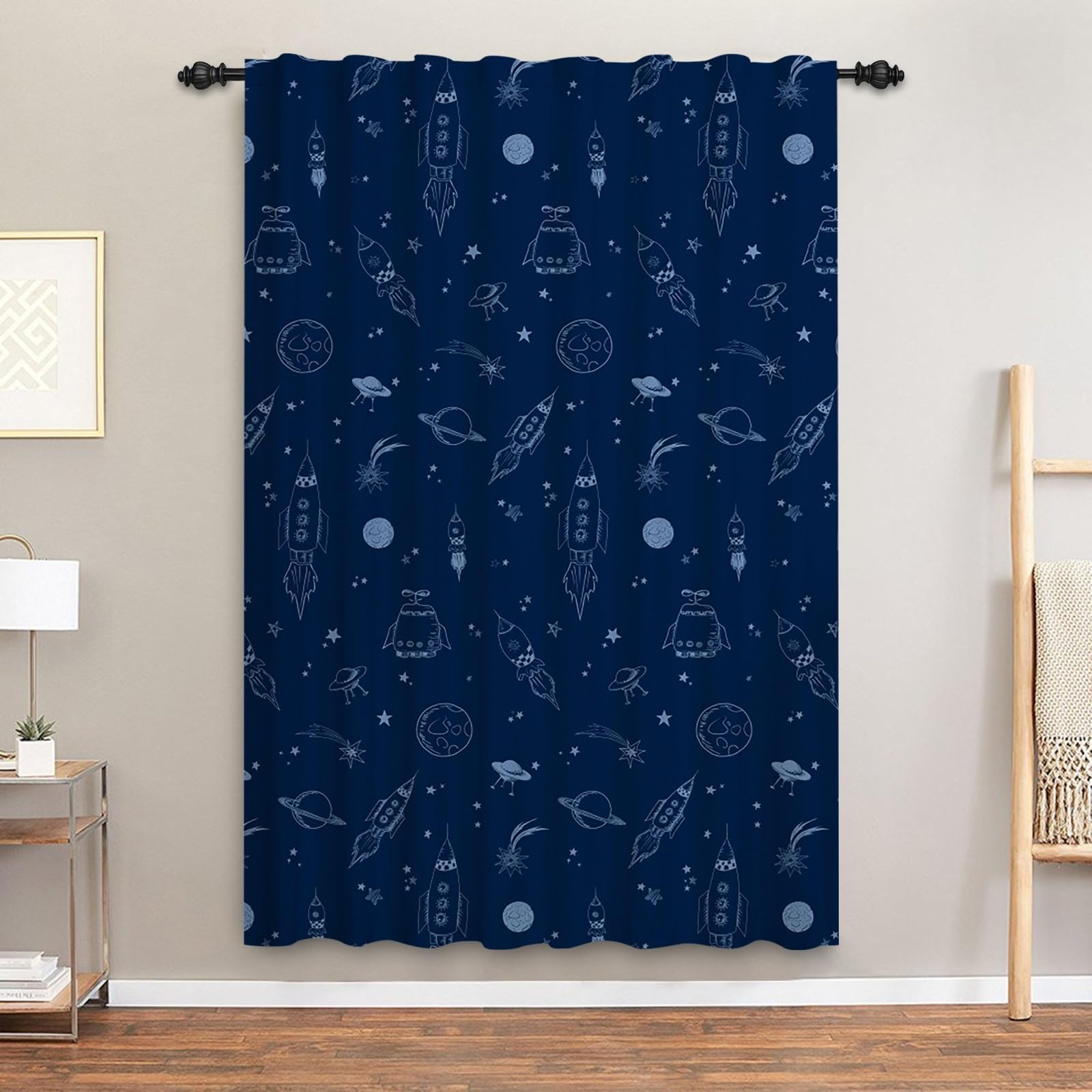 ggaimwf Space Curtains for Kids Rocket Galaxy Planet Navy Blue Space Themed Bedroom Accessories Window Door Curtains for Boys Baby Nursery Playroom Room Divider Rod Pocket Curtain 117x175cm 1 Panel - Image 2