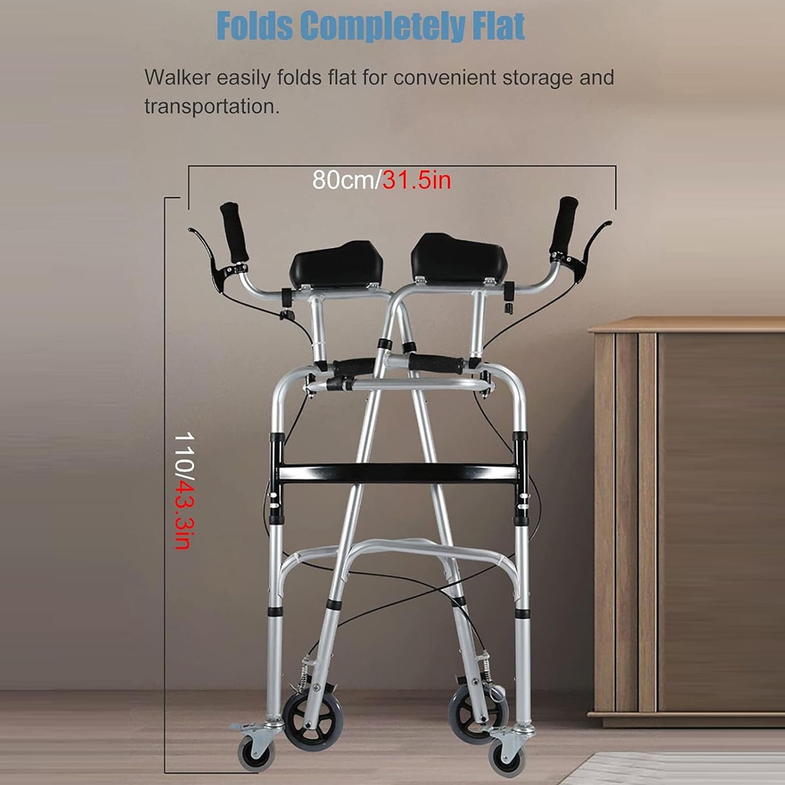 Andador para Ancianos 4 Ruedas, Caminadores De Aluminio Plegables para Mayores, Andadores Vertical para Ancianos con Frenos Y Asiento, Altura Ajustable