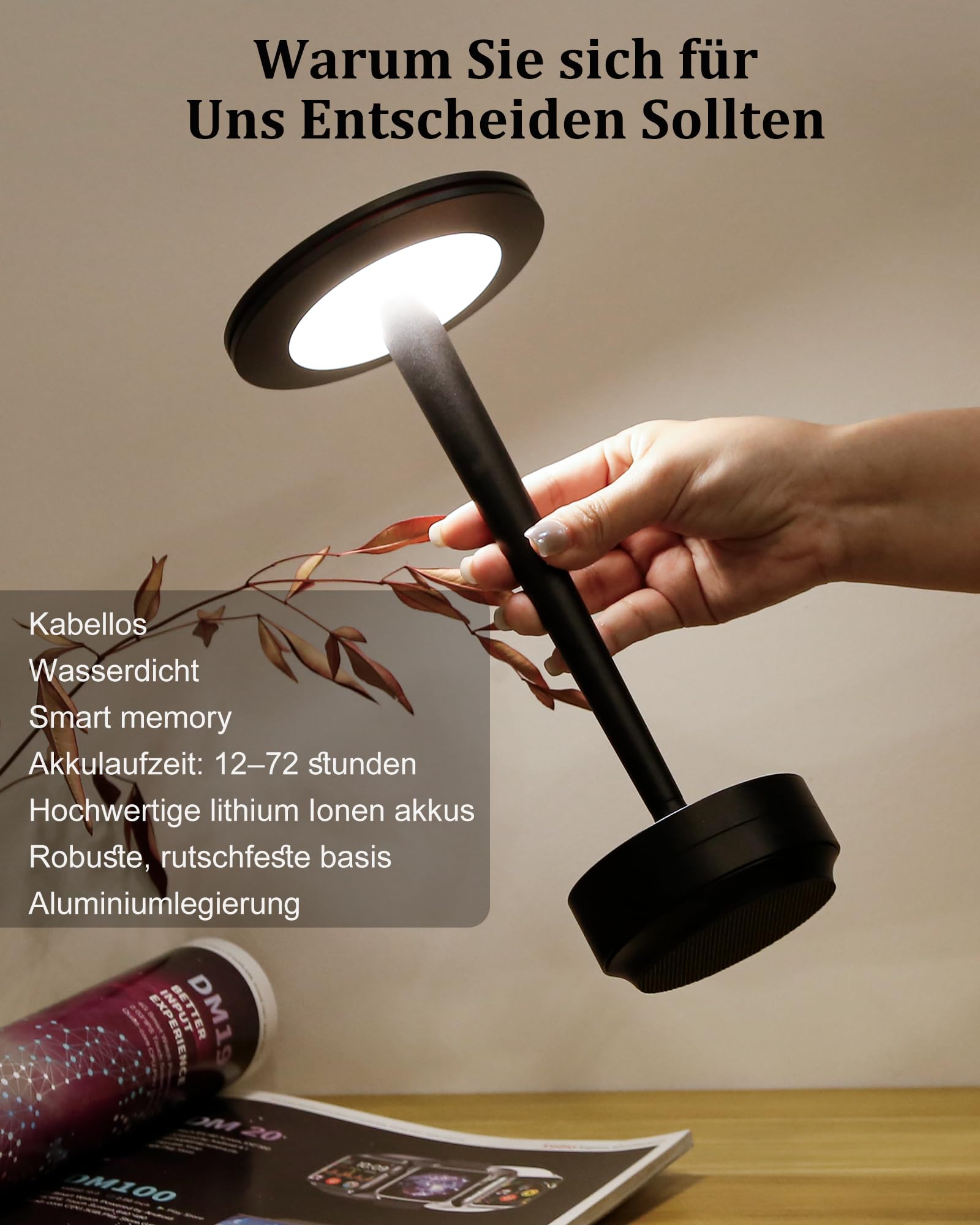 Akku Tischlampe 72h LED Touch Dimmbare Tischleuchte（2 Schwarz） | Tischlampe Outdoor, Akku Tischlampe Aufladbar, Touch Dimmbare, für Restaurant Terrasse, Tragbar Wasserdicht