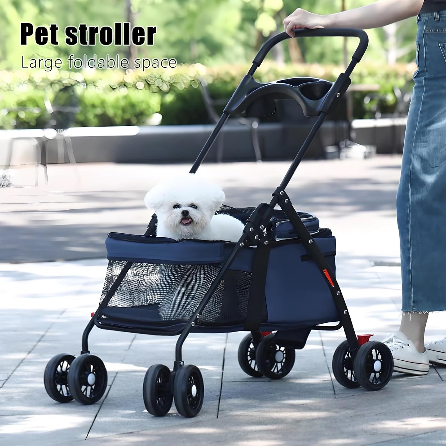 Pet Stroller 4 Wheels Dog Cat Stroller for Small Medium Dogs Cats, Outdoor Travel Pet Folding Stroller, Dog Cat Cage Stroller with Cup Holder, Breathable and Visible Mesh for Small Dog Blue