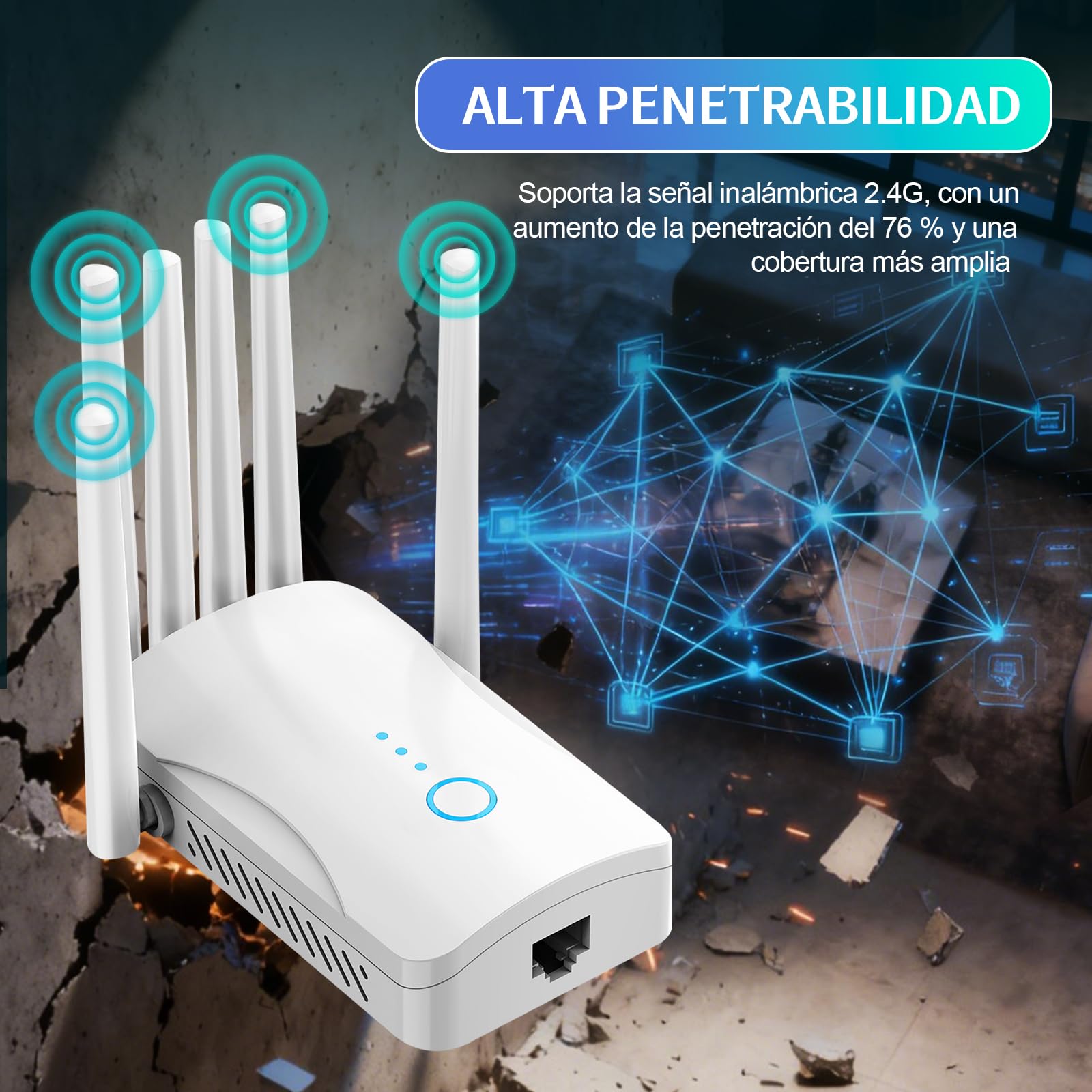 Repetidor WiFi Potente con 6 Antenas, Amplificador Señal WiFi Largo Alcance, Extensor WiFi Soporta 64 Dispositivos, Modos (Repetidor, Ap), Cobertura hasta 300 m², para Casa y Oficina