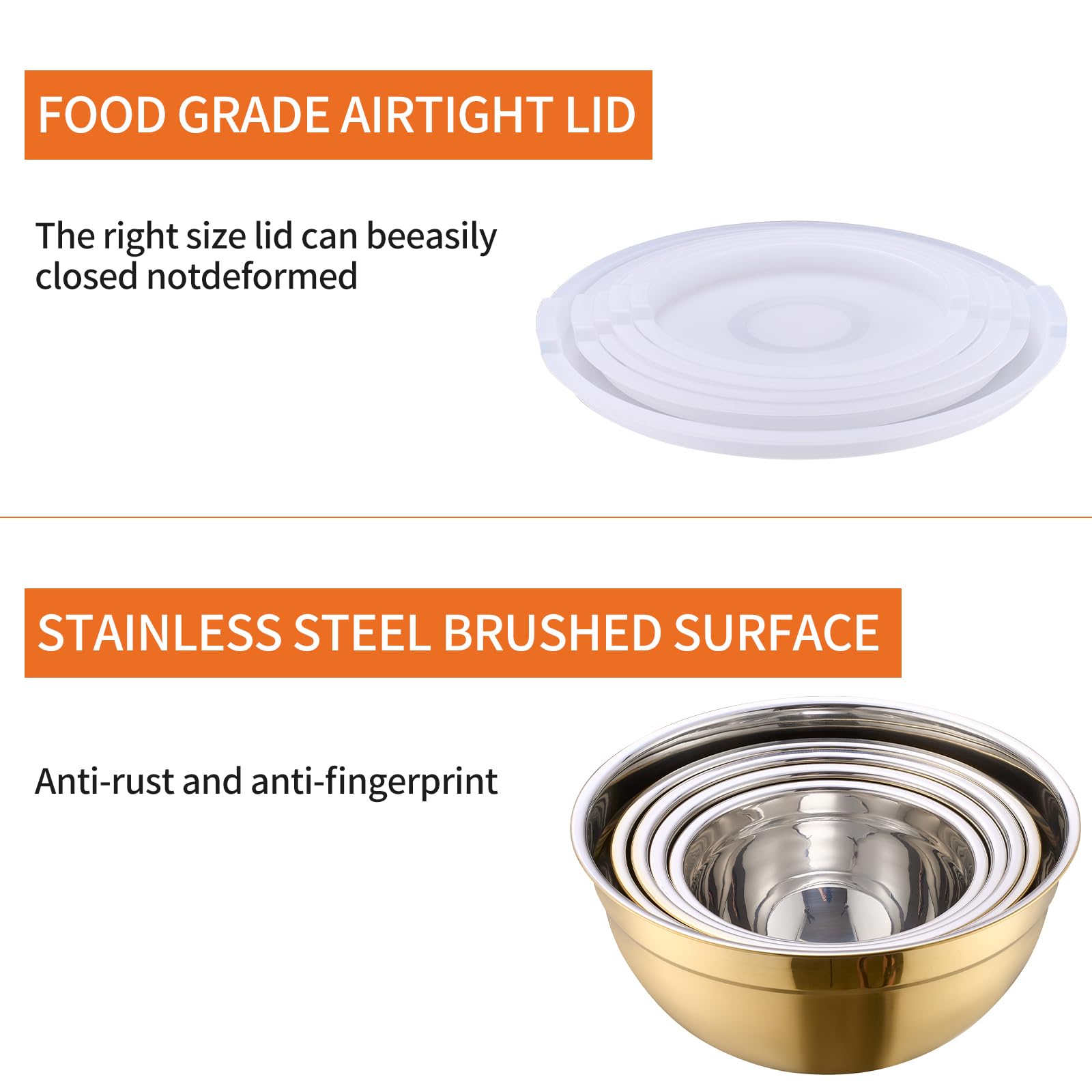 Gold Rührschüsseln mit luftdichten Deckeln, Edelstahl Nesting Mixing Bowls Set von 5 Stück, ideal zum Backen, Zubereiten und Servieren von Lebensmitteln, Größe 5,5, 3,6, 2,7, 2,1, 1,5, QT