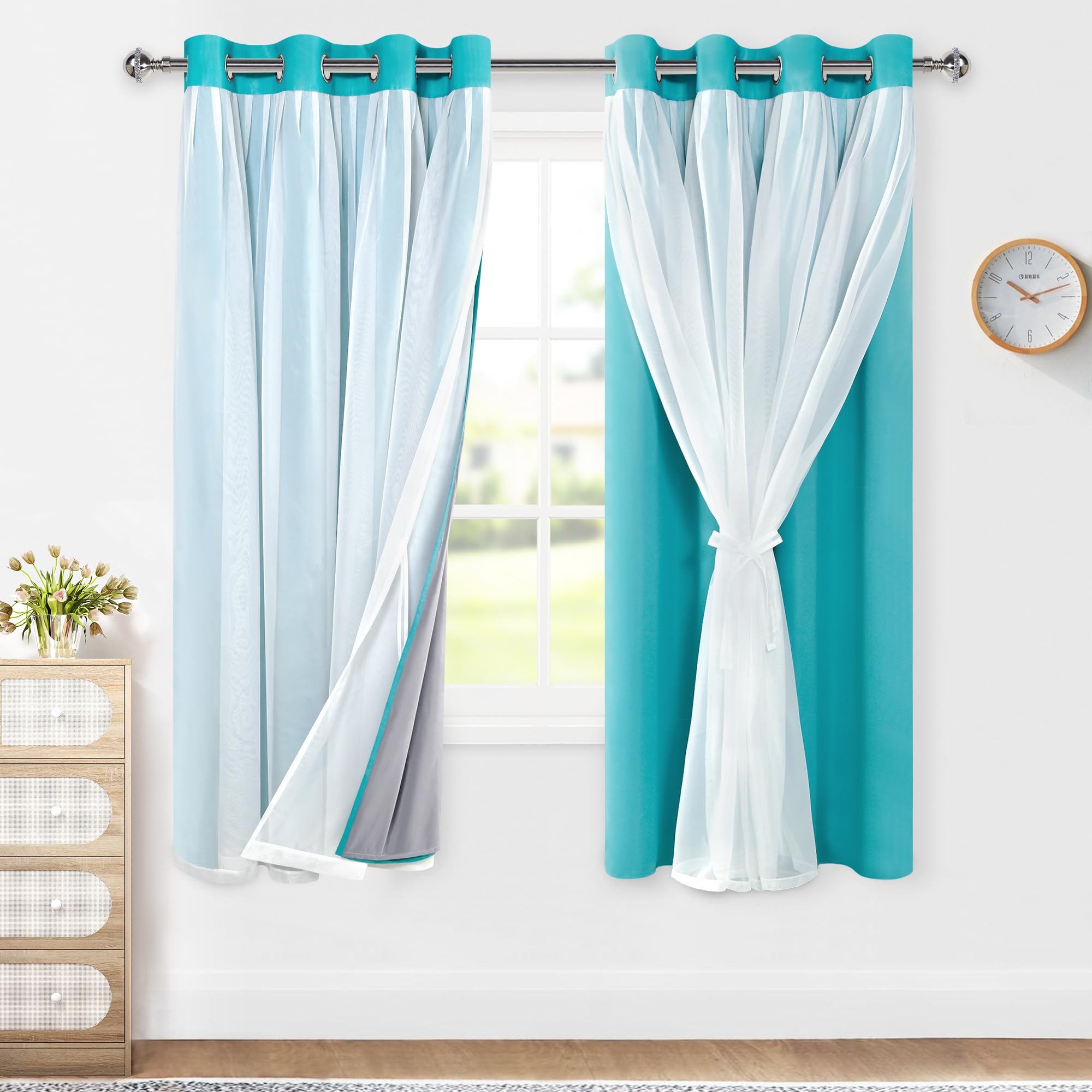 Rideaux pour chambre coucher occultants et voilage déco salon turquoise XWZO