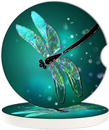 Portavasos de automóvil con diseño de libélula, paquete de 2 posavasos universales de cerámica de libélula verde fantasía, base de corcho con muesca