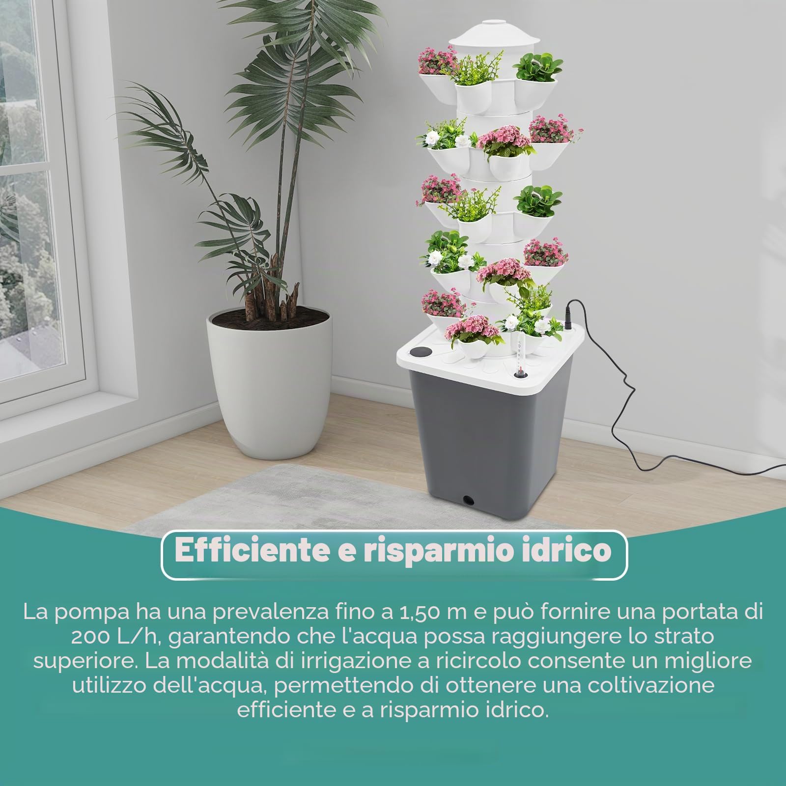 Sistema da giardino verticale a torre da 25 piante, kit di coltivazione idroponica per interni con pompa e indicatore del livello dell'acqua, fioriera verticale per gli appassionati di giardinaggio