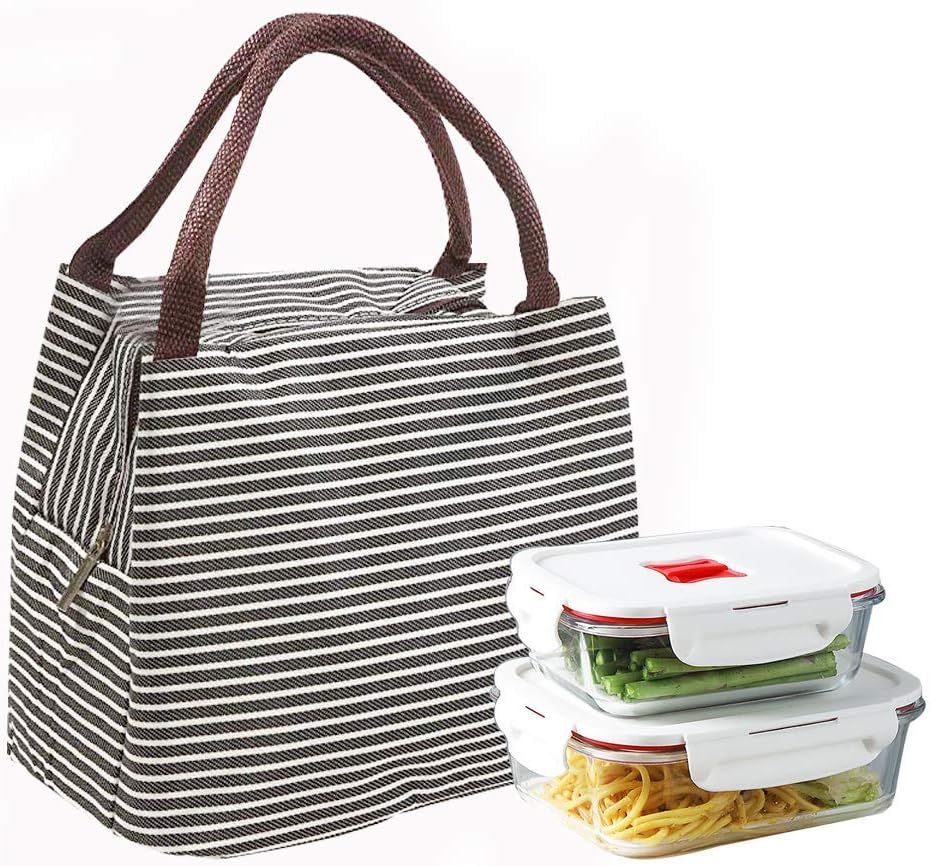 Lunch Bag, Tote Insulated Lunch Box for Women Men, ULUIKY Reusable Stripe Inner Aluminum Foil Lunch Bag for Kids (Black/White striped) …