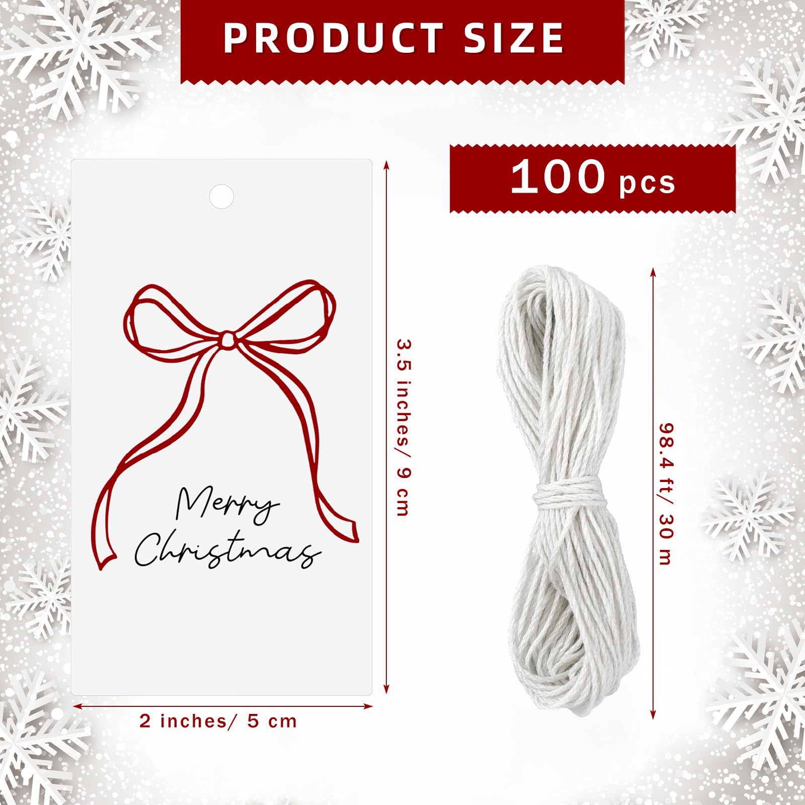 Fuyoooo Weihnachtsgeschenk-Etiketten mit Schnur für Geschenke, Geschenkpapier, Etiketten für Weihnachten, Party, Leckerli, Keksdekoration (Schleife), 100 Stück