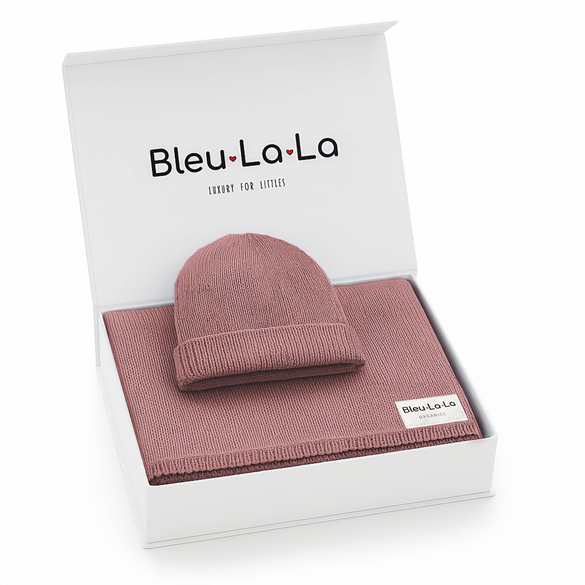 Conjunto de manta y gorro de bebé de punto orgánico de lujo Bleu La La Luxe Collection, color ciruela azúcar