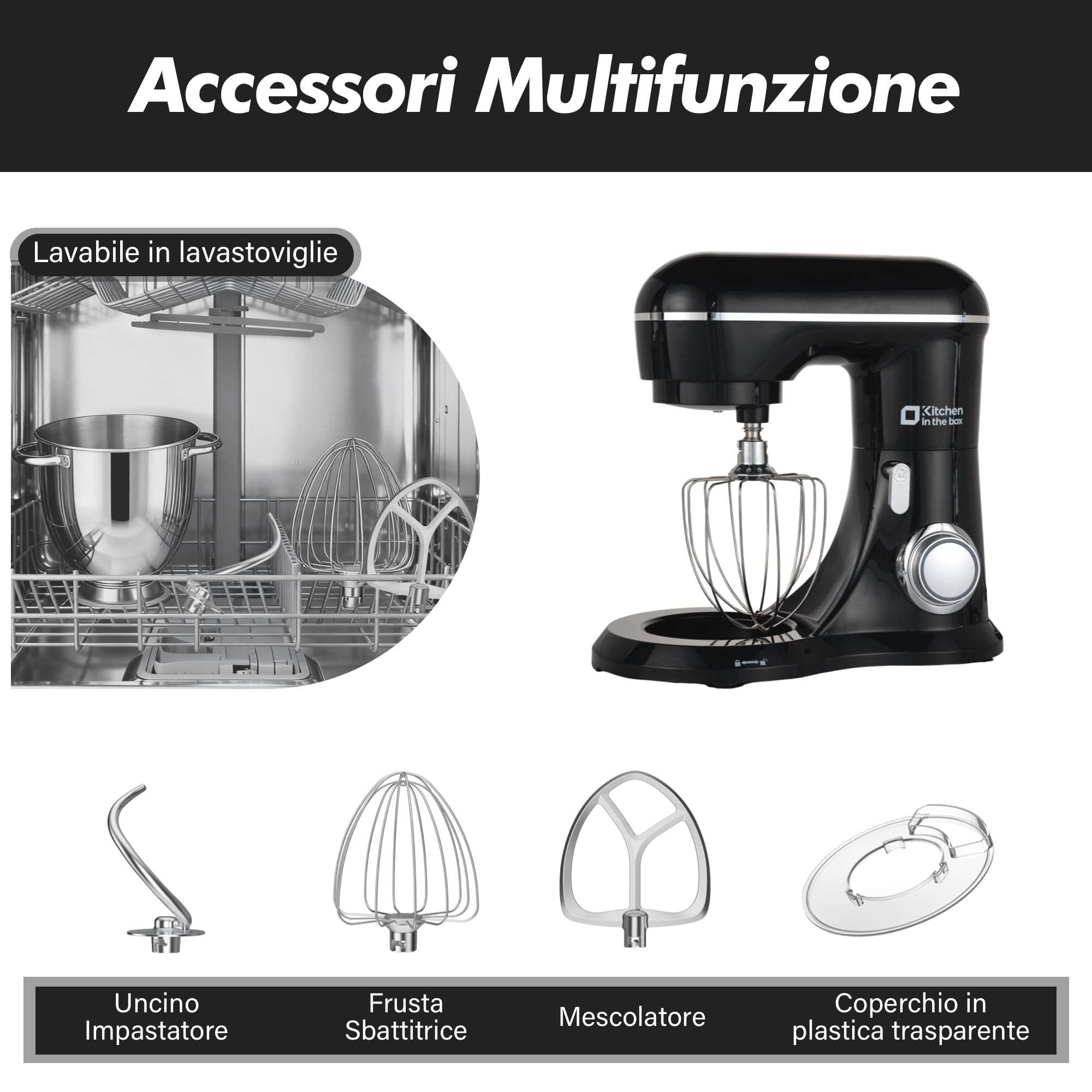Kitchen in the box Impastatrice Planetaria, 6L Planetaria Professionale 1400W, 10 Velocità con Uncino Impastatore, Mescolatore e Frusta Sbattitrice (Nero)