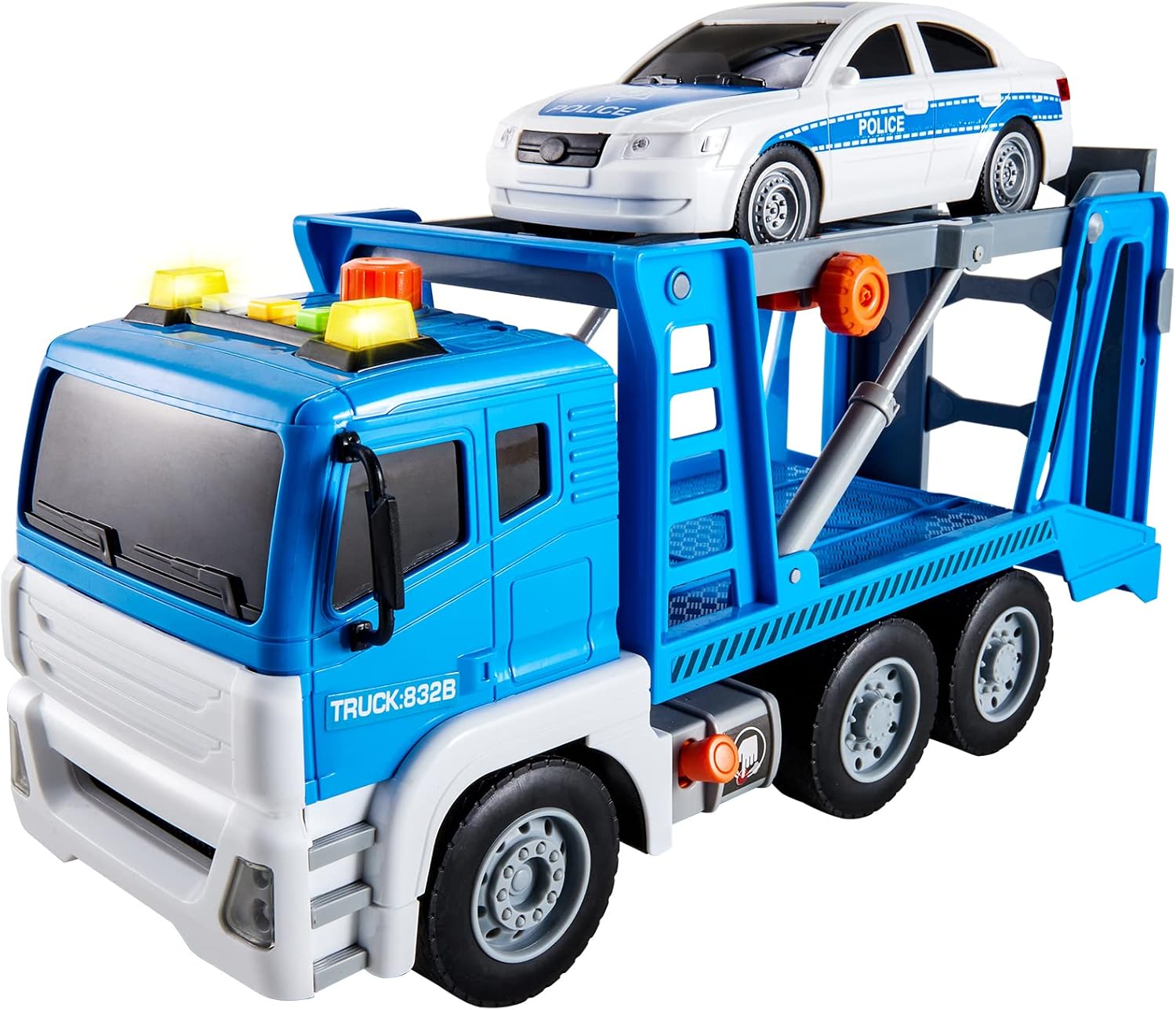 HYAKIDS Grandes Camión de Remolque Transportador Juguete con Coche de Policía, 1:12 Camión de Rescate con Luces y Sonidos, Coches Grúa Vehículos de Juguete Regalos para Niños Niña 3 4 5 Años