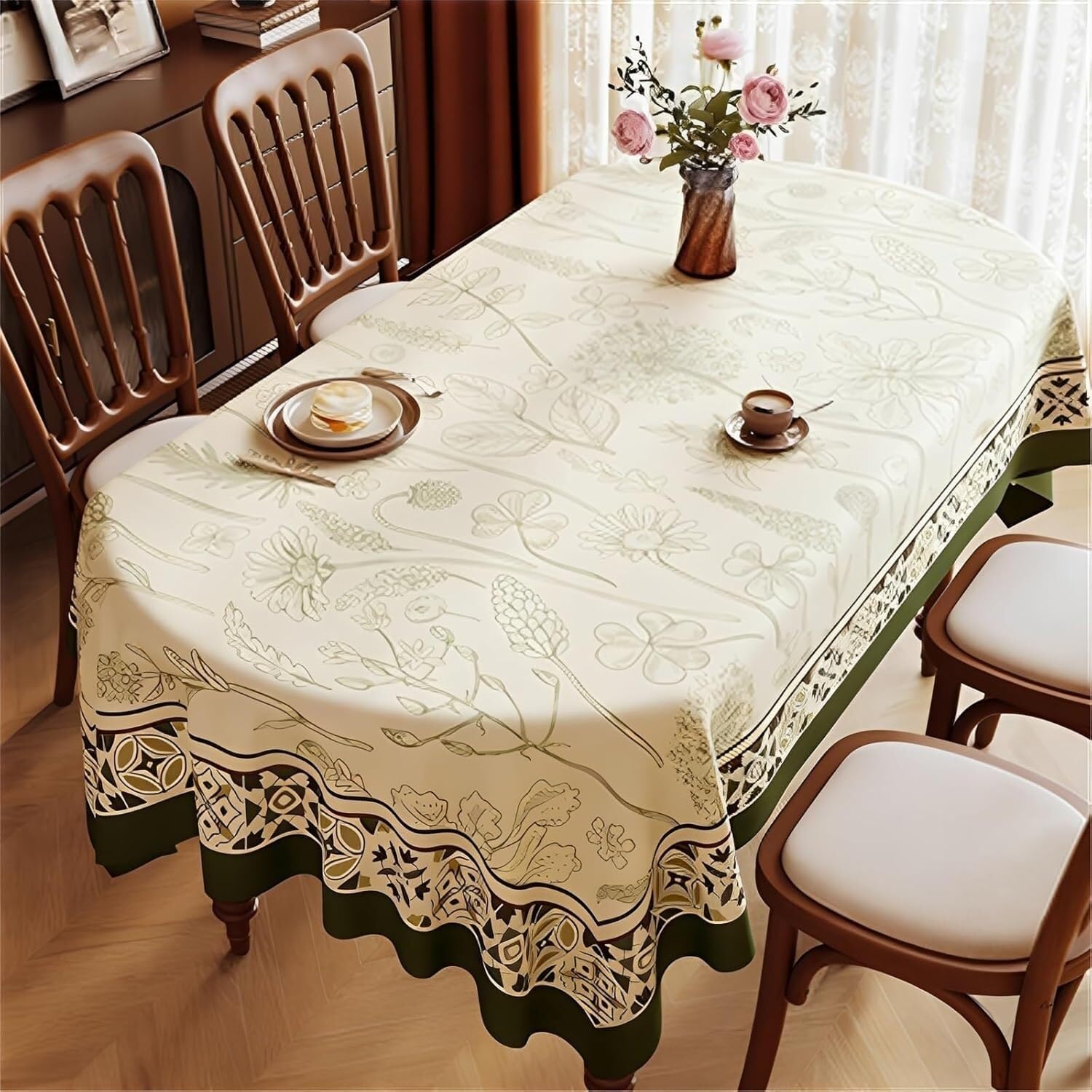 KIJyfgTR Floral-print, Wipe-clean Oval Tablecloth Ideal For Outdoor Garden Parties(Dark Green,140x180cm)