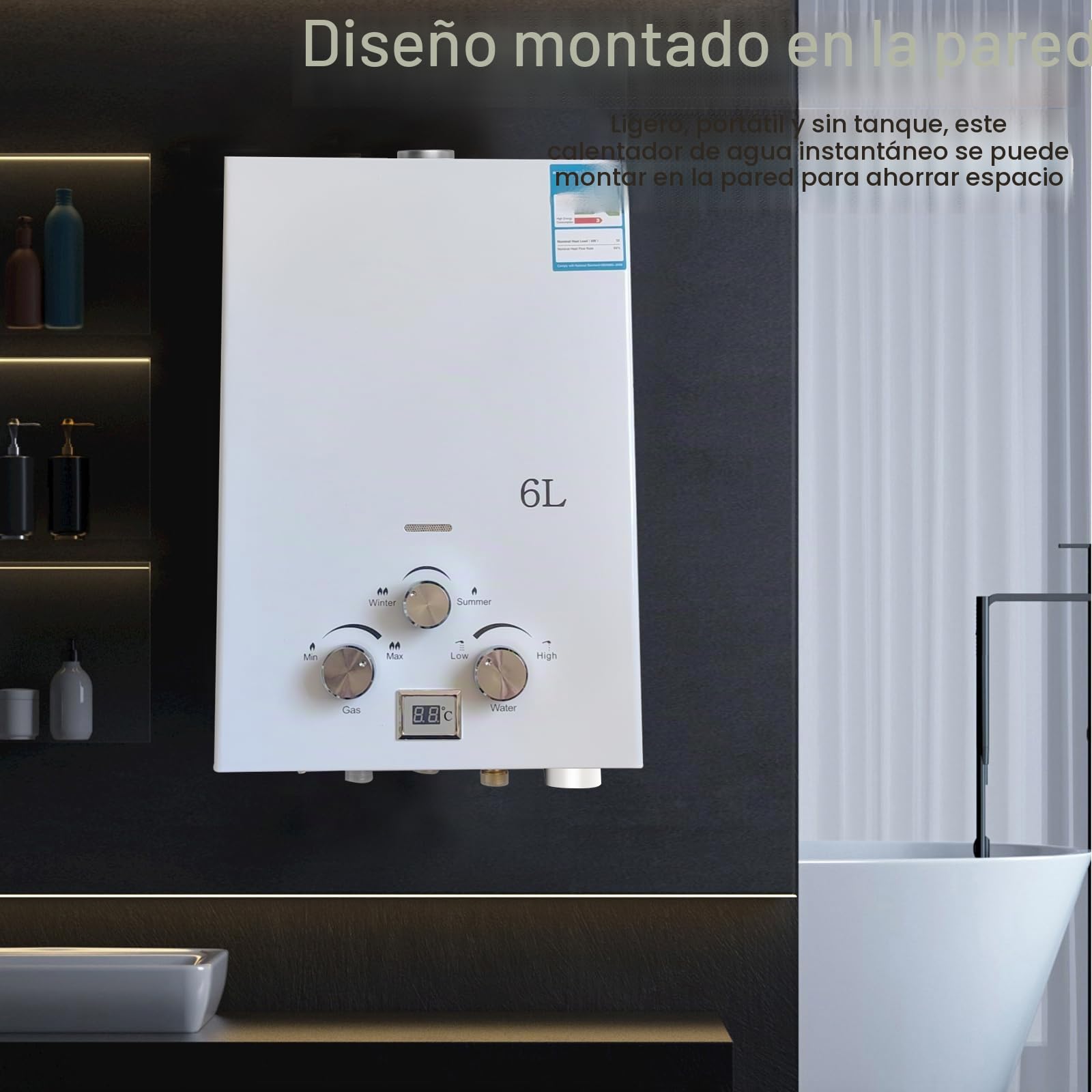 Calentador de Agua a Gas, Calentador de Agua a Gas Instantáneo 12kW LPG GPL al Butano Propano Modos Invierno Y Verano, Protección Contra Sobrecalentamiento, Con Alcachofa de Ducha Y Fontanería (6L)