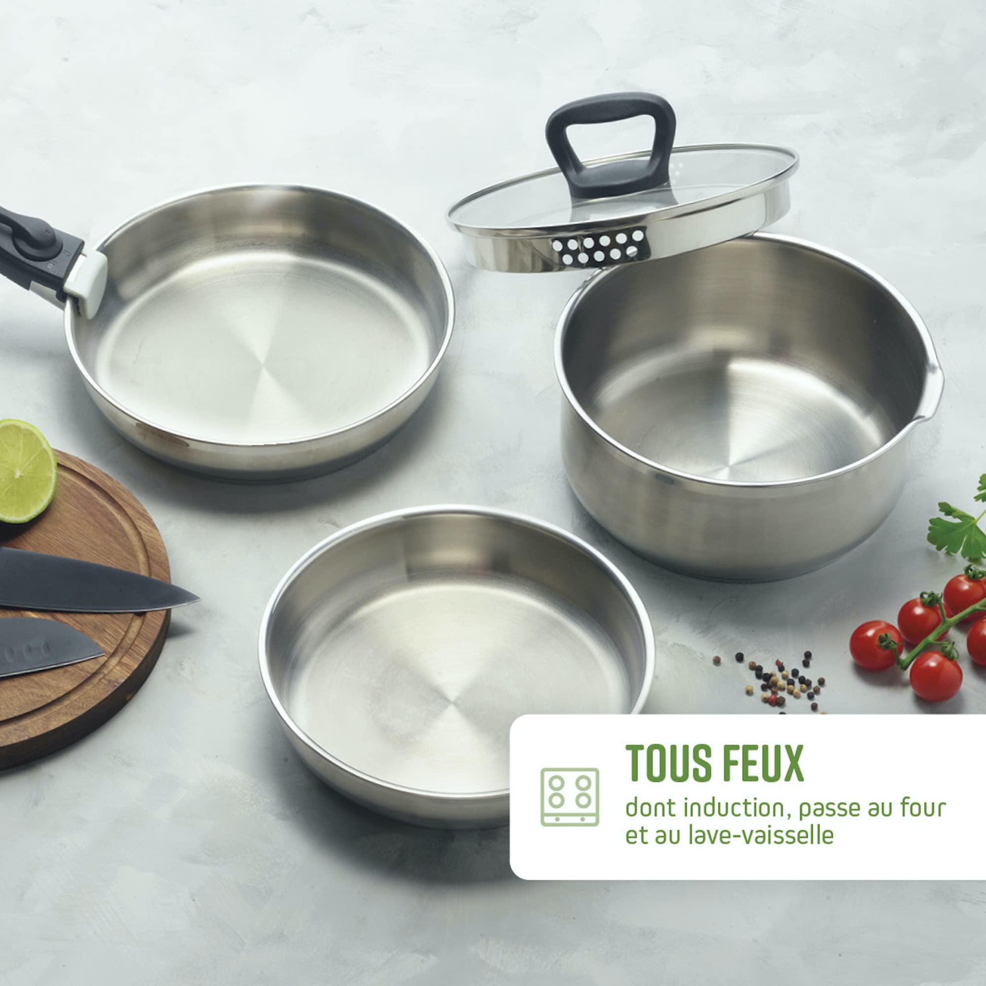 Qdesign - Batteria da cucina a induzione 4 pezzi - Set di 3 padelle in acciaio inox 20, 24 e 26 cm con manico rimovibile - Acciaio inossidabile - Set per qualsiasi fuoco - Senza PFOA - Argento
