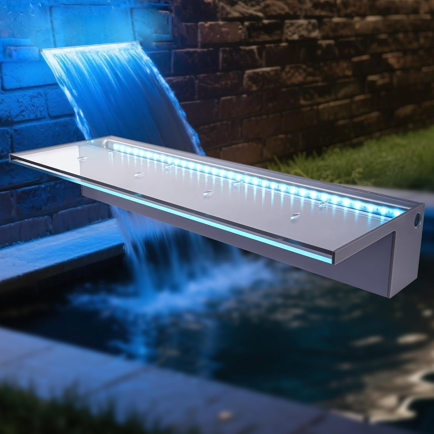 24 Inch Acrylic Waterfall Spillway Pond Fountain with 7 Colors LED Light - Sheer Descent Pool Fountain for Garden, Koi Pond, and Swimming Pool Decor