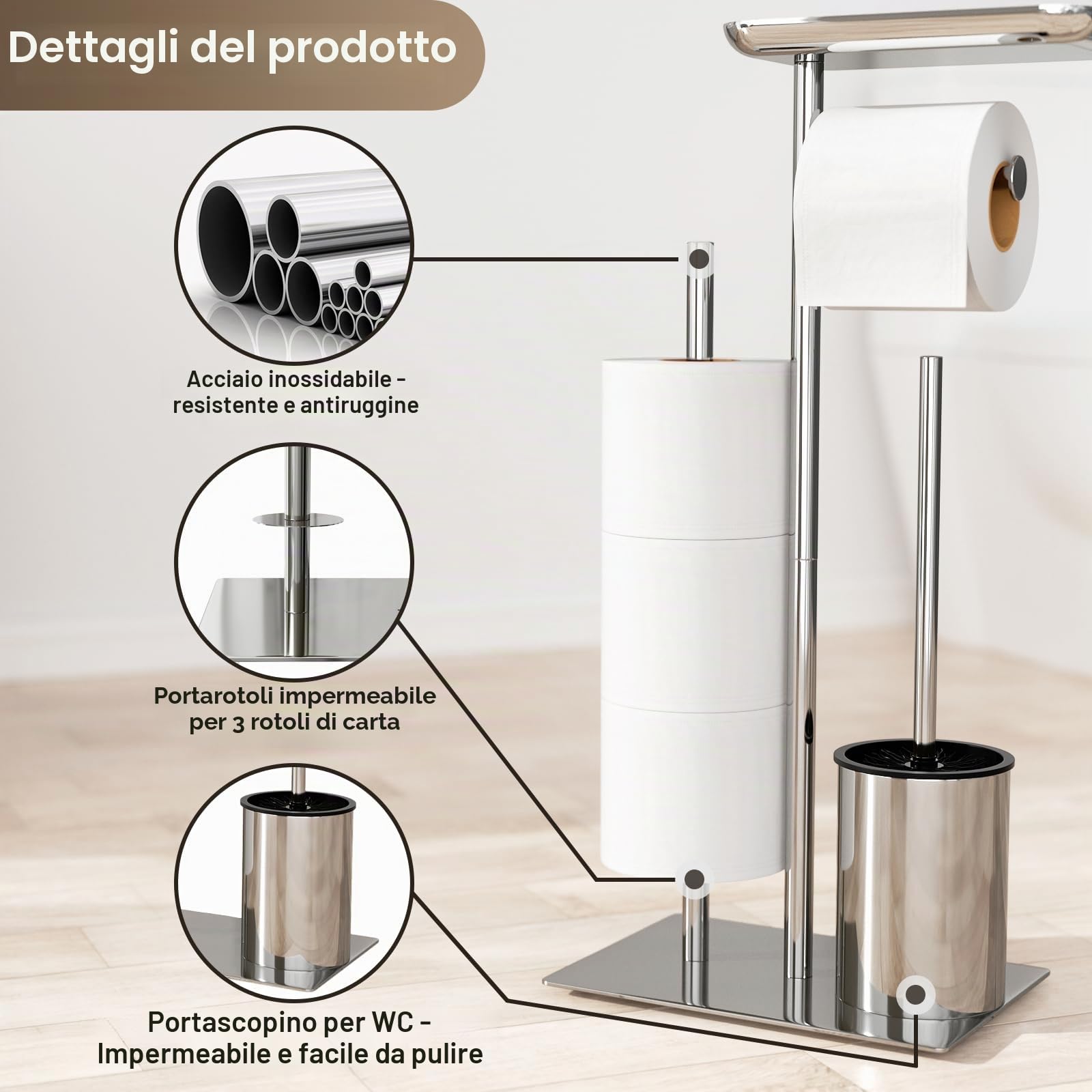Porta Carta Igienica in Piedi Argento Con Spazzola - Set WC Con Scopino, Vassoio e Porta Rotolo