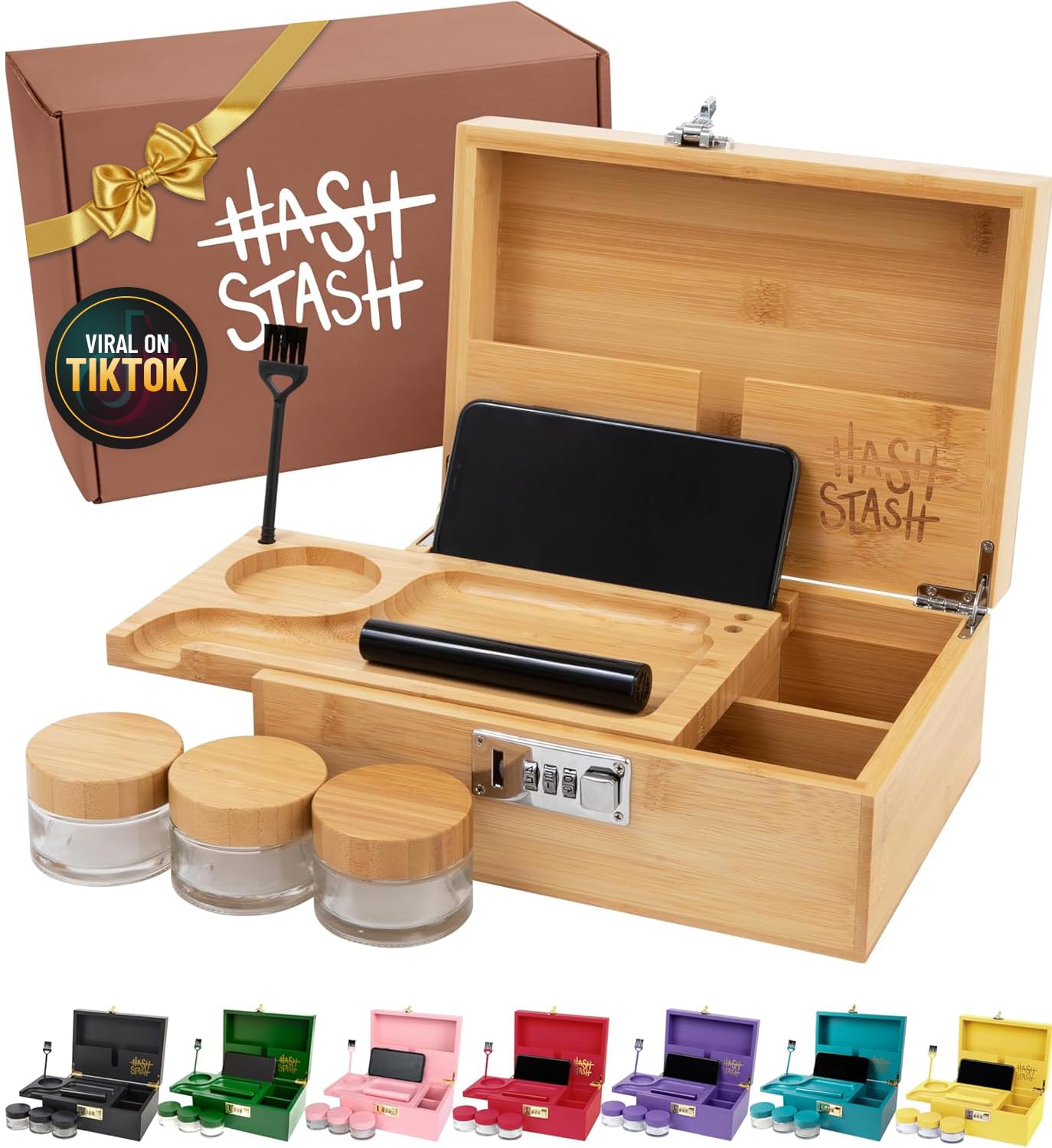 HashStash - Stash Box with Built-In Combo Lock & Accessories - 3 Smell Proof Storage Jars, Rolling Tray, Tube, Brush - Stash Box Gift Kit Set - Herb Accessories Organizer