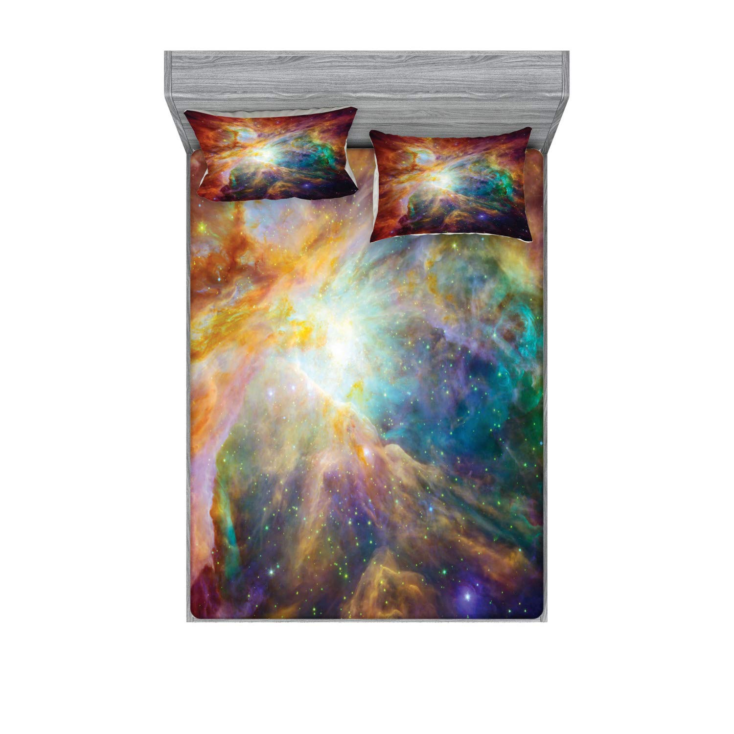 Ambesonne Outer Space Fitted Sheet & Pillow Sham Set, Universe Themed Composition with Stars and Nebula Space Dust Colorful Space, Decorative Printed 3 Piece Bedding Decor Set, King, Amber Purple