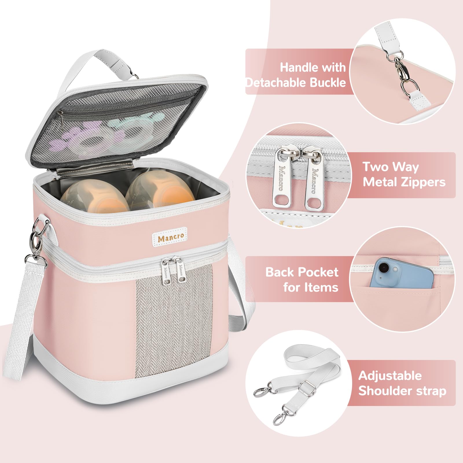 Mancro Muttermilch-Kühltasche mit Eisbeutel, doppellagig, für 6 Flaschen bis zu 266 ml, isolierte Flaschentaschen für Kindertagesstätte und Reisen, Rosa