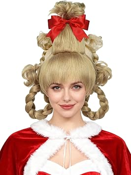 Half and Half Blonde Cindy Costume Wig with Bangs Pre-Syle Braided Wigs + Redbow-knot + Wig Cap for Women Christmas Halloween Party