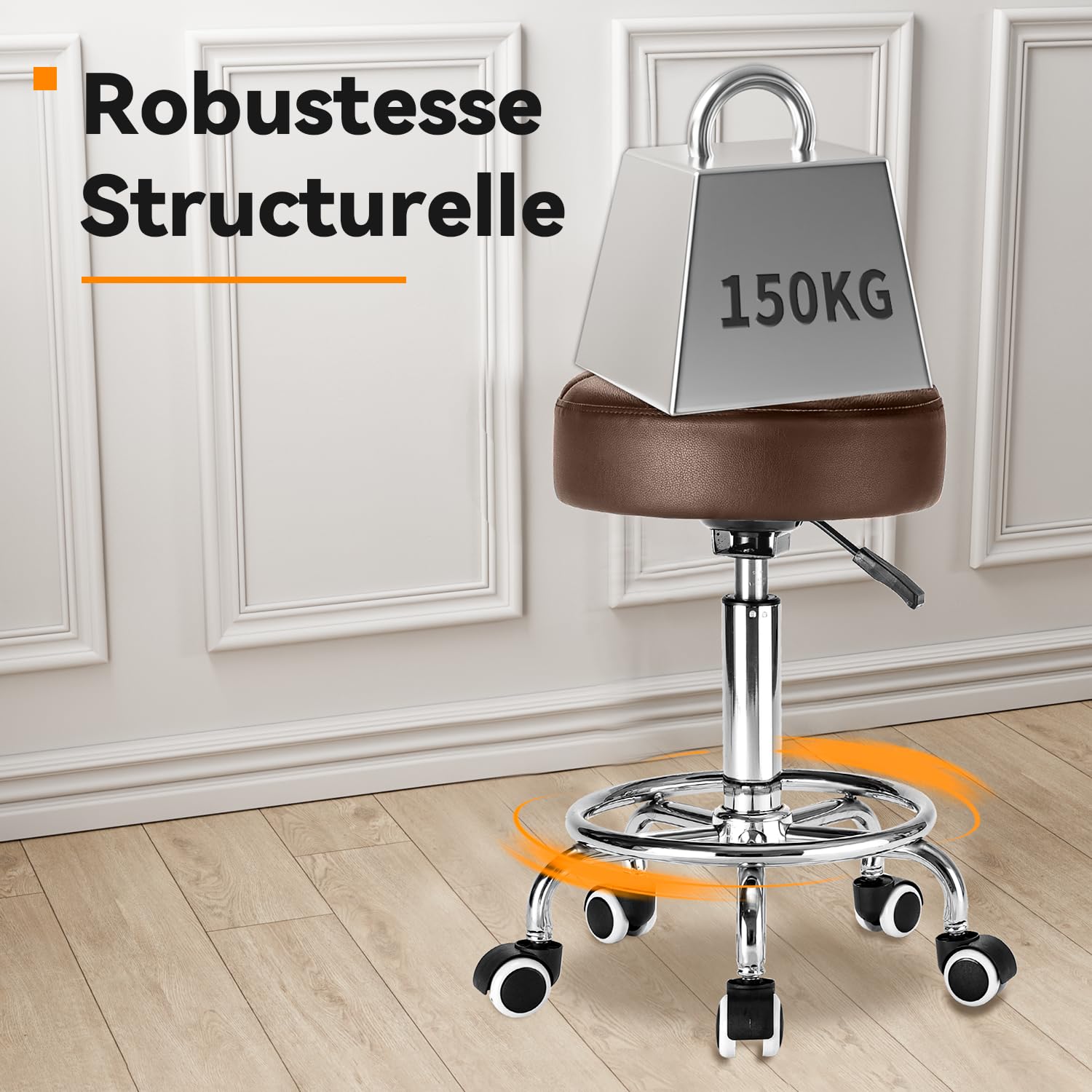 Tabouret Bureau à Large Cousin,Tabouret à Roulettes avec Repose-pied,Tabouret Roulettes Professionnel Réglable en Hauteur,Tabouret a Roulette avec Structure Métallique Robuste pour Cuisines (Marron)