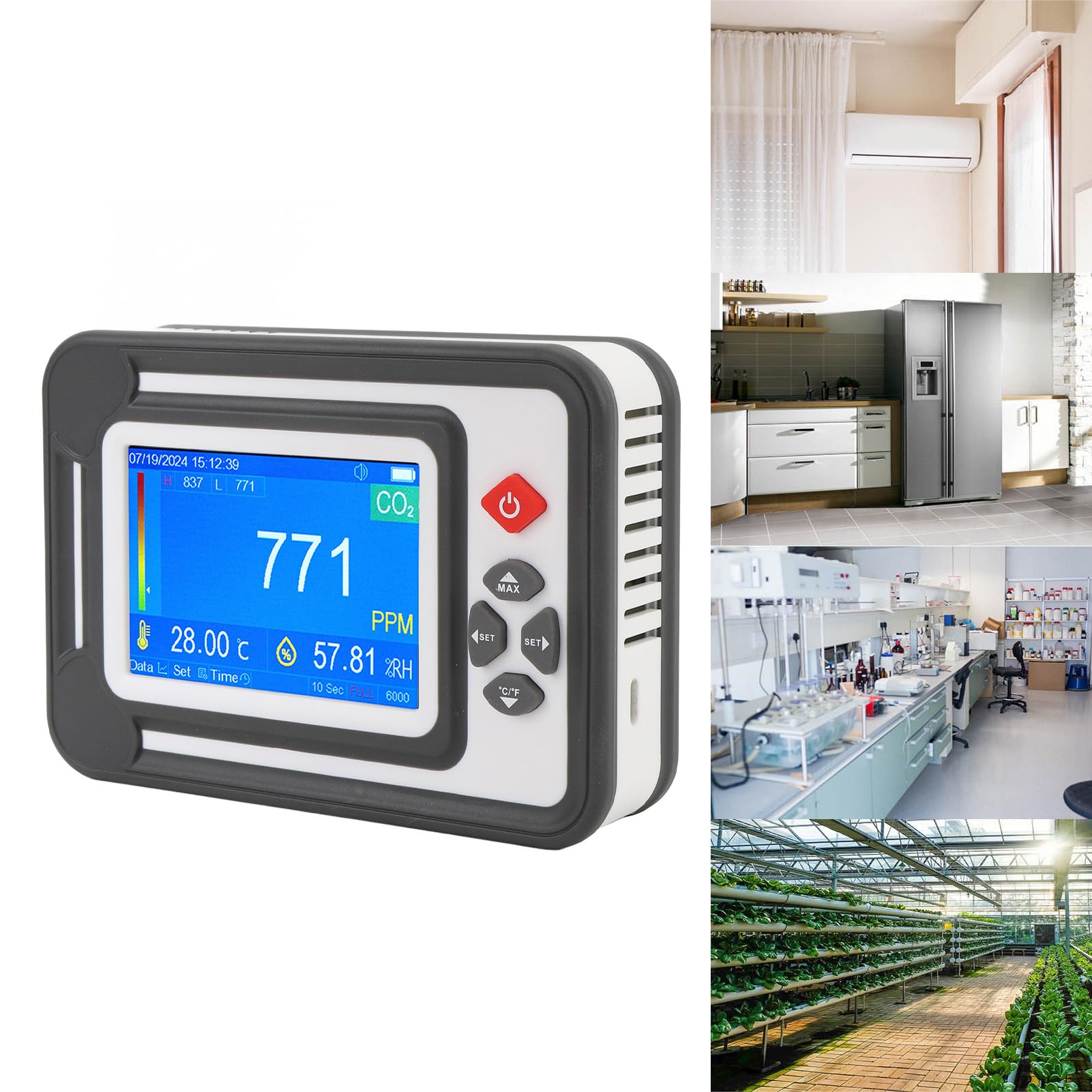 Rilevatore di CO2 Ad Alta Precisione con Promemoria Misuratore di umidità della Temperatura Rilevatore di Anidride Carbonica Portatile per Piantare Tende Cantine per Vino (WHITE)