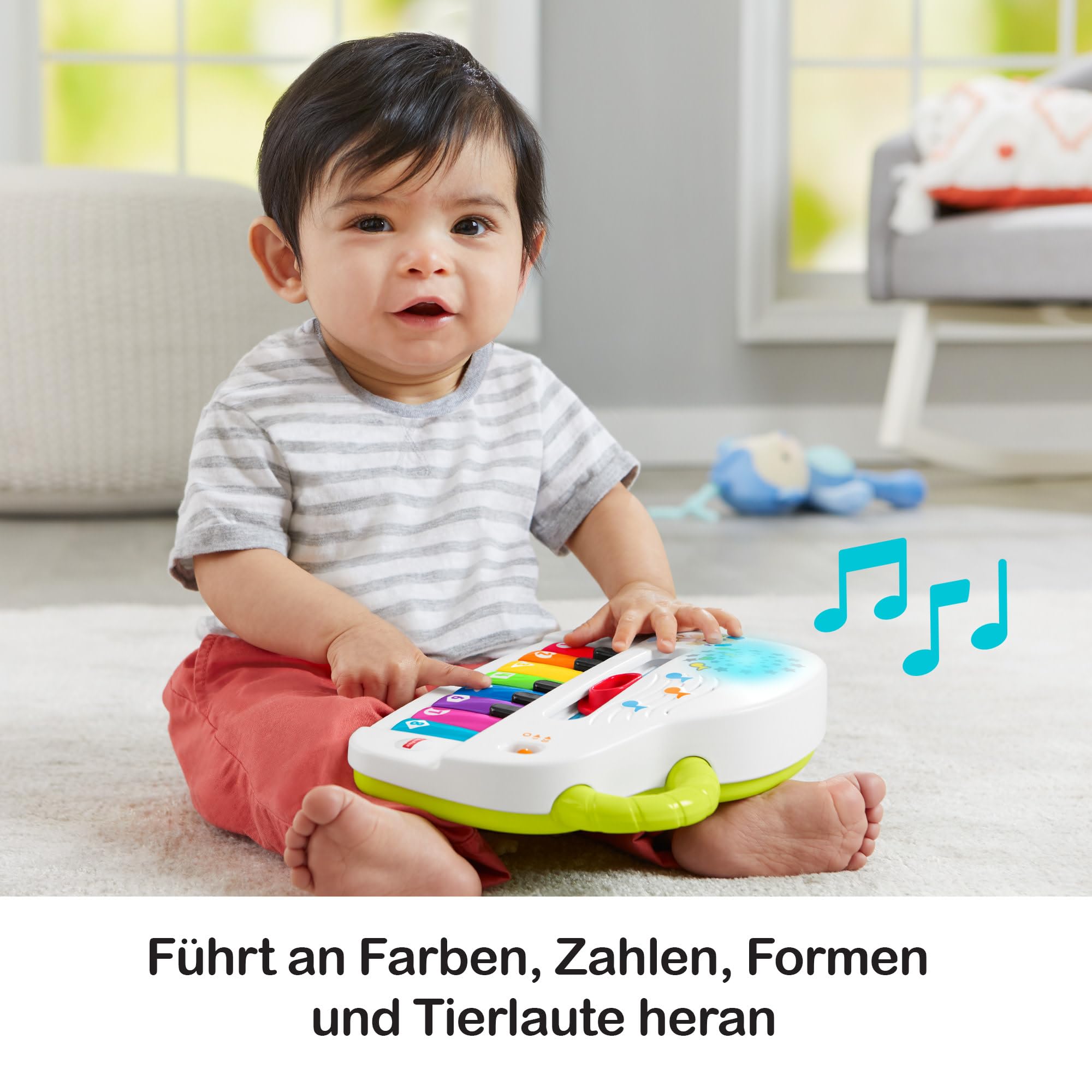 Fisher-Price Babys erstes Keyboard - tragbares Spielzeugklavier mit 4 Spielmöglichkeiten, Liedern, Lichtern und Geräuschen, spielerisches Lernen, spricht deutsch, ab 6 Monaten/ 1 Jahr, GFK01