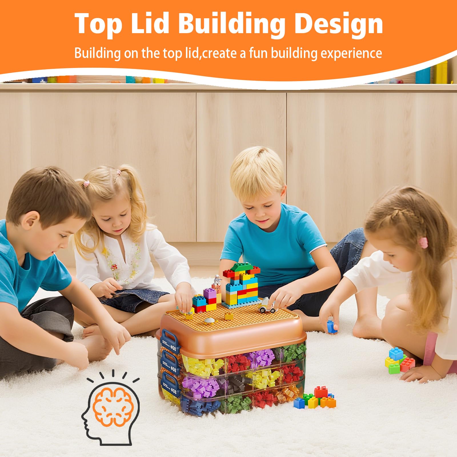 Organizador de almacenamiento para Lego, caja de almacenamiento apilable de 3 capas con tapa de placa base y compartimentos ajustables, organizador de juguetes para bloques de construcción