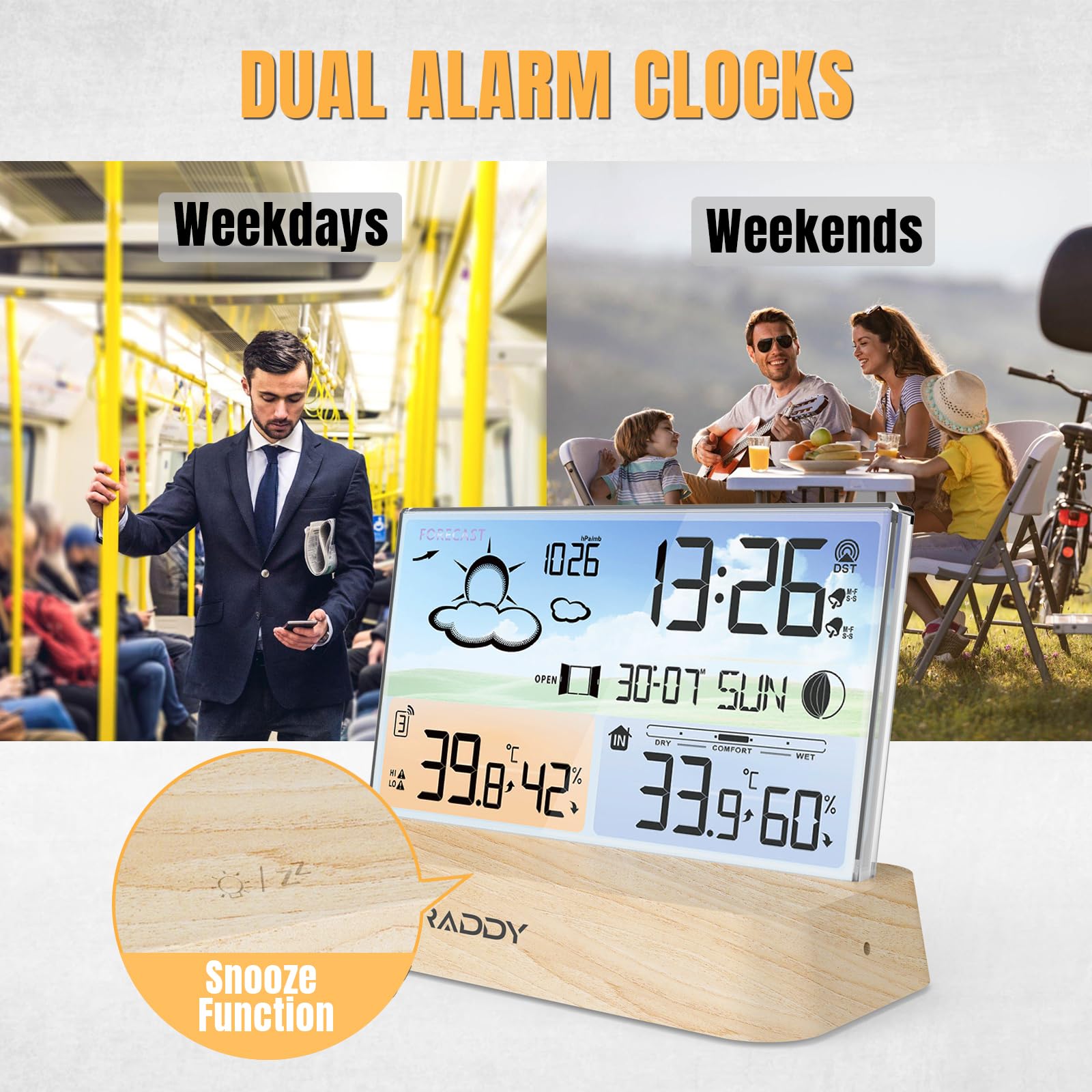Raddy DT6, stazione meteo per interni ed esterni, orologio radio DCF, display digitale a colori, termometro igrometro, previsioni meteo e barometro