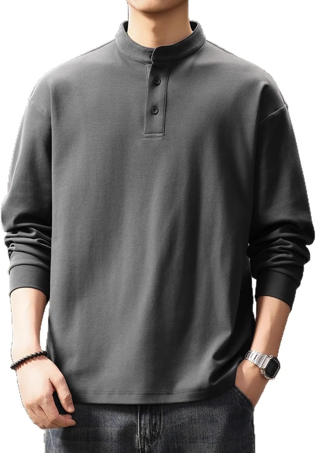 Men's Sweatshirt, Casual Henley Neck Pullover, Fall Vintage Style