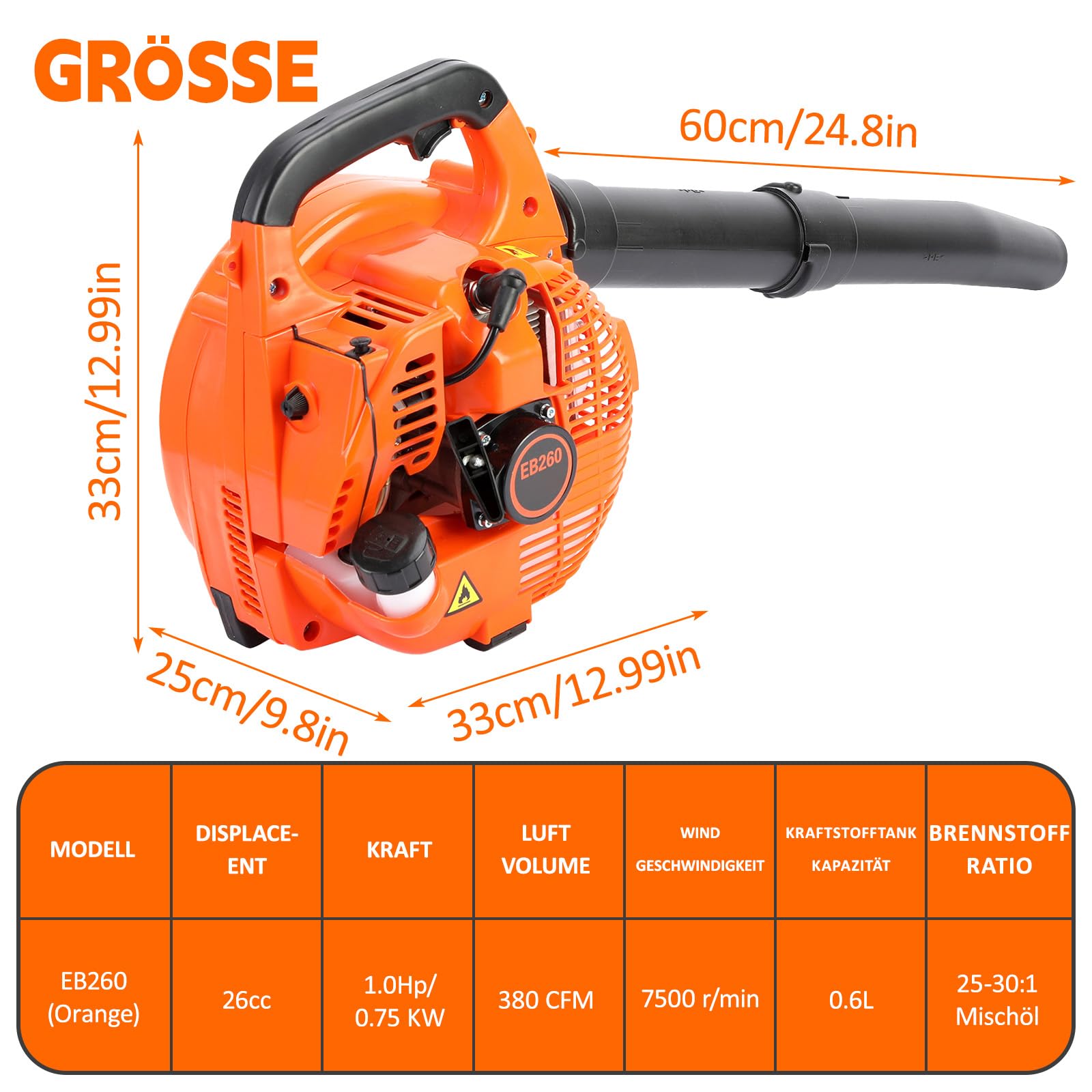 Soplador de hojas de gasolina, 26cc 7500r/min Portátil Soplador de hojas de gasolina, Motor de 2 tiempos, De mano, Ligero, Potente, Disipación rápida de calor Soplador de hojas de aire para jardín
