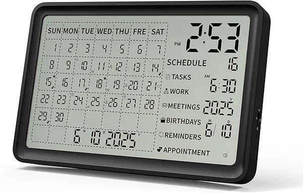 Digital Calendar, Digital Desk Planner with Schedule Reminder Clock with Day and Date, Chargeable 8 Inch Large Display Electronic Calendar Office Home School Family for Wall Mount & Desktop 2025-2055 (Black, 8 inch)