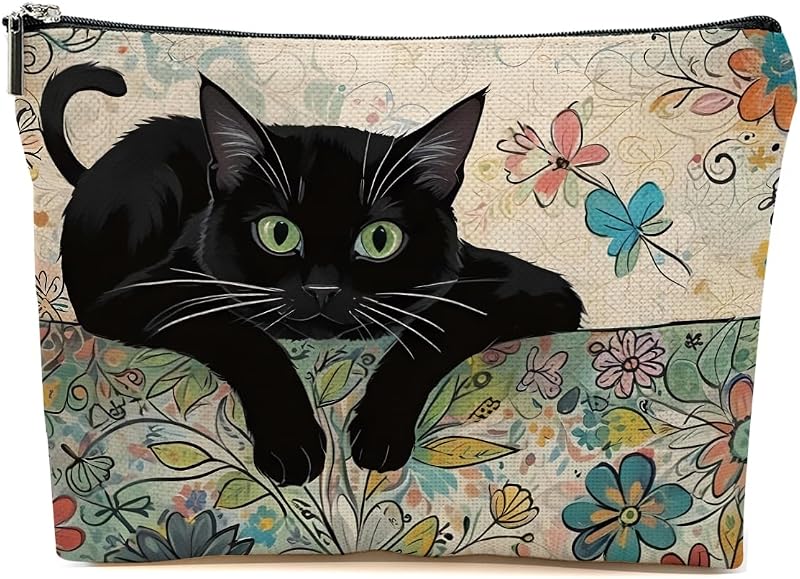 Necessaire BQXH com estampa floral de gatos e zíper, Multicolor 1240