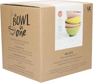 KitchenCraft Patterned Cereal Bowl Set of 4 in Gift Box, Ceramic Serving Bowls Ideal for Ice Cream, Soup and More,#39;Brights' Designs, 15cm