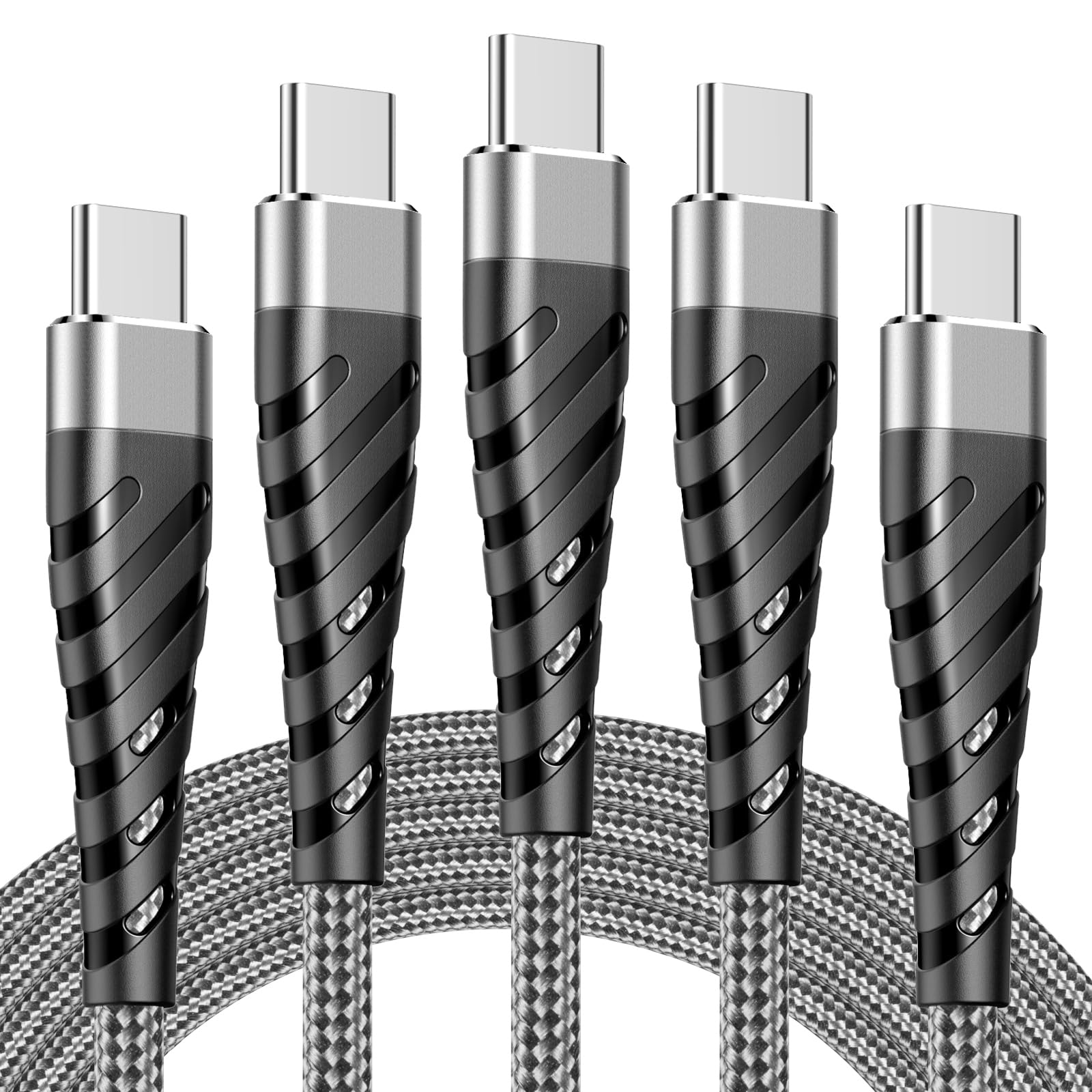5 Pack USB C to USB C 6.6FT Cable, 60W Aluminium Alloy Nylon Braided Type C to Type C Charger Cord Fast Charging for Phone 15 Pro Max Plus Mac Book Pro/Pad Air, Samsungg S23/22, Piixel, SSwitch, Grey