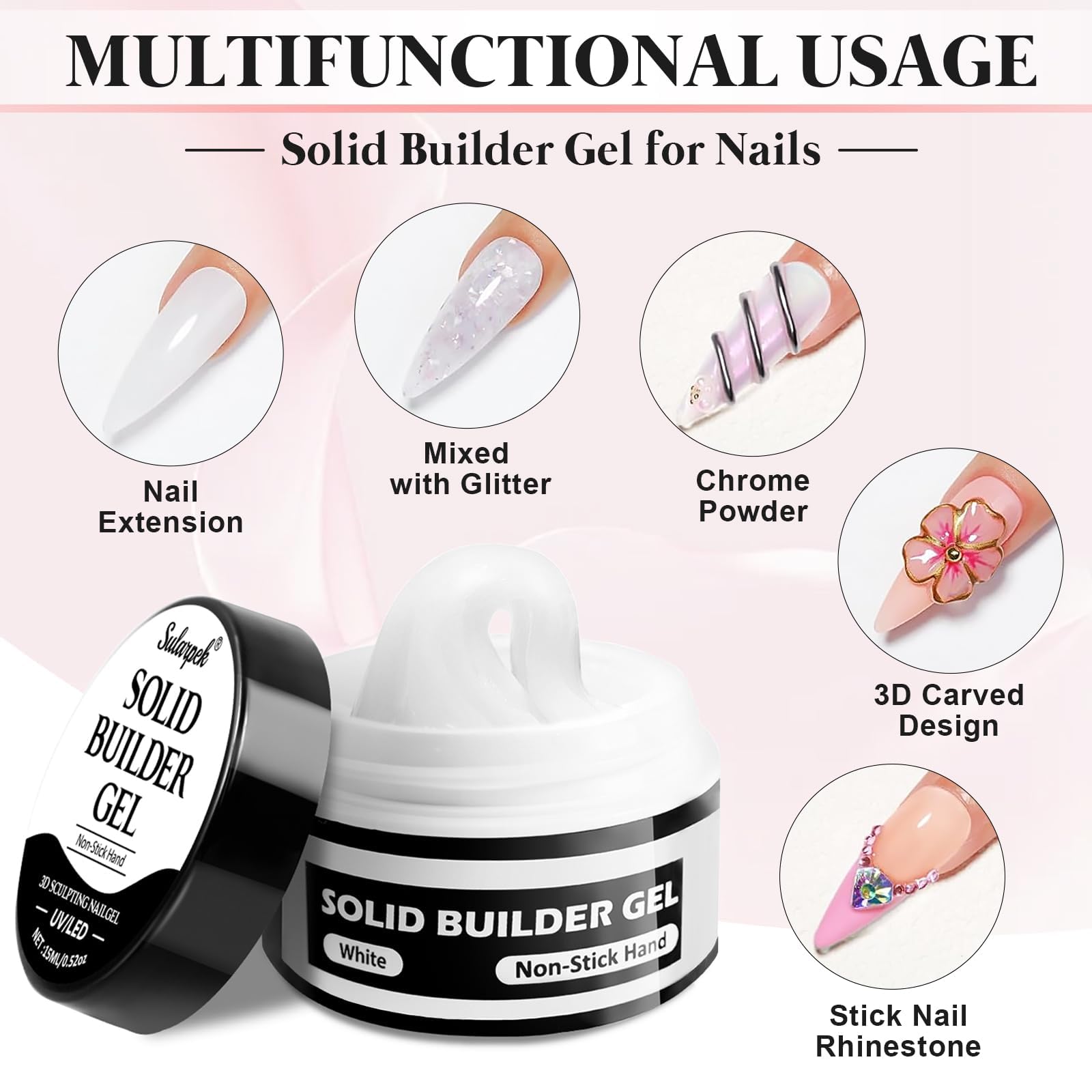 Sularpek Solid Builder żel żelowy, 15 ml, zestaw żelowy, żel budujący do paznokci żelowych, żel akrylowy do paznokci, żel budowlany do paznokci, klej do paznokci, żel 3D, kolor biały