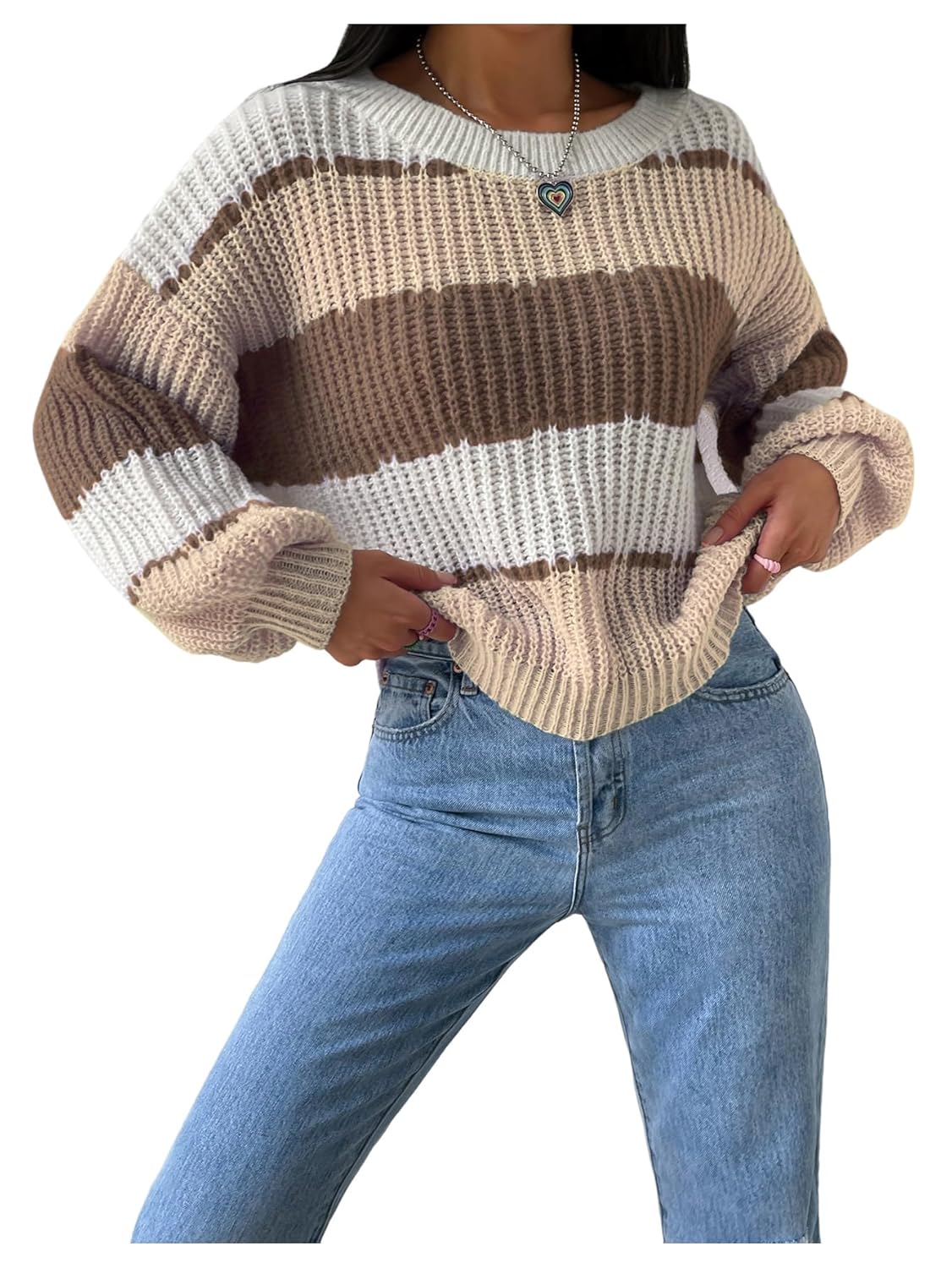 Verdusa Womens Chunky Knit Sweaters Color Block Long Sleeve Crew Neck Casual Pullover Jumper