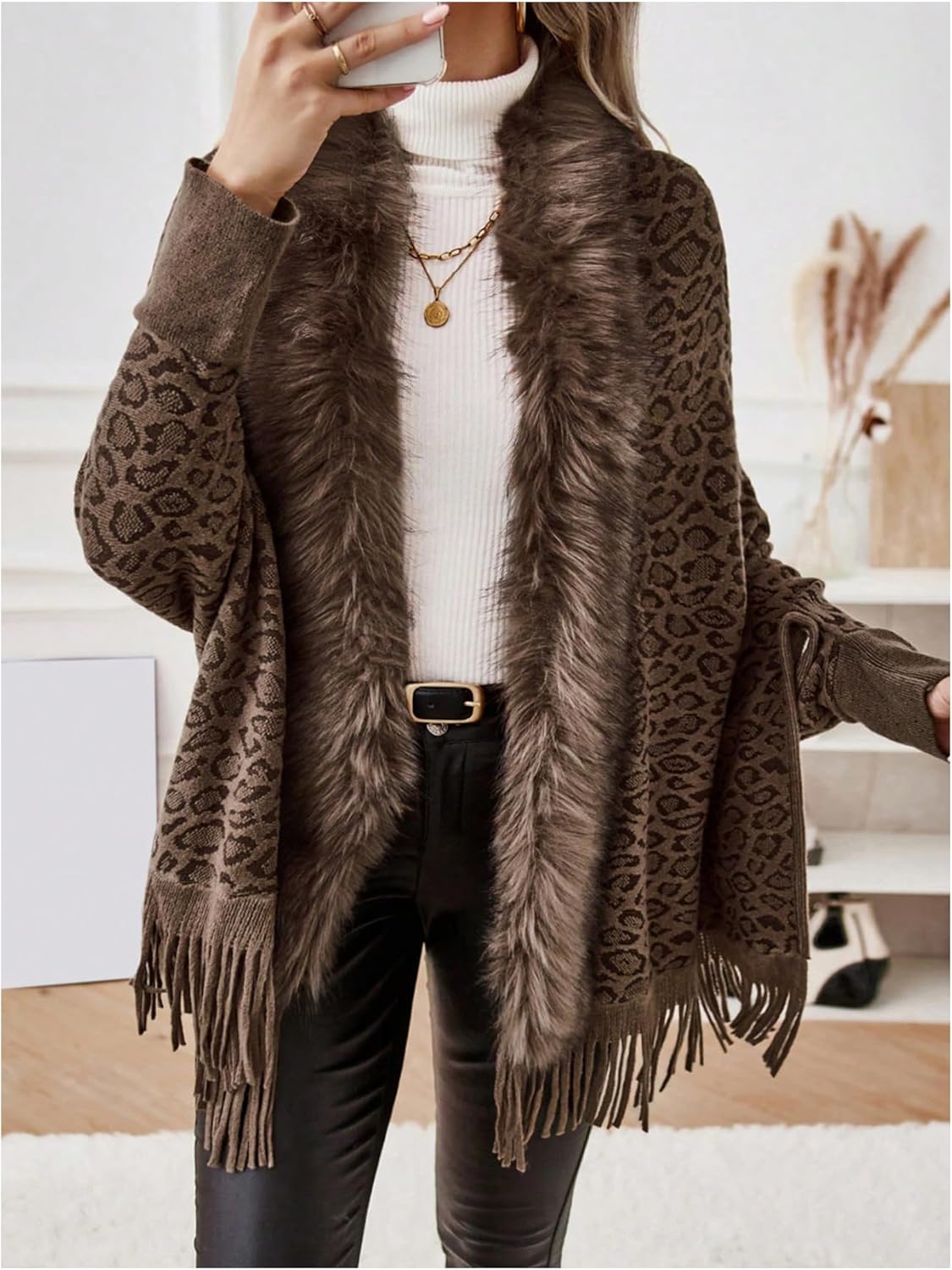 MakeMeChic Women's Leopard Faux Fur Collar Shawl Poncho Fringe Hem Long Sleeve Open Front Cardigans Sweater Coat - Image 4