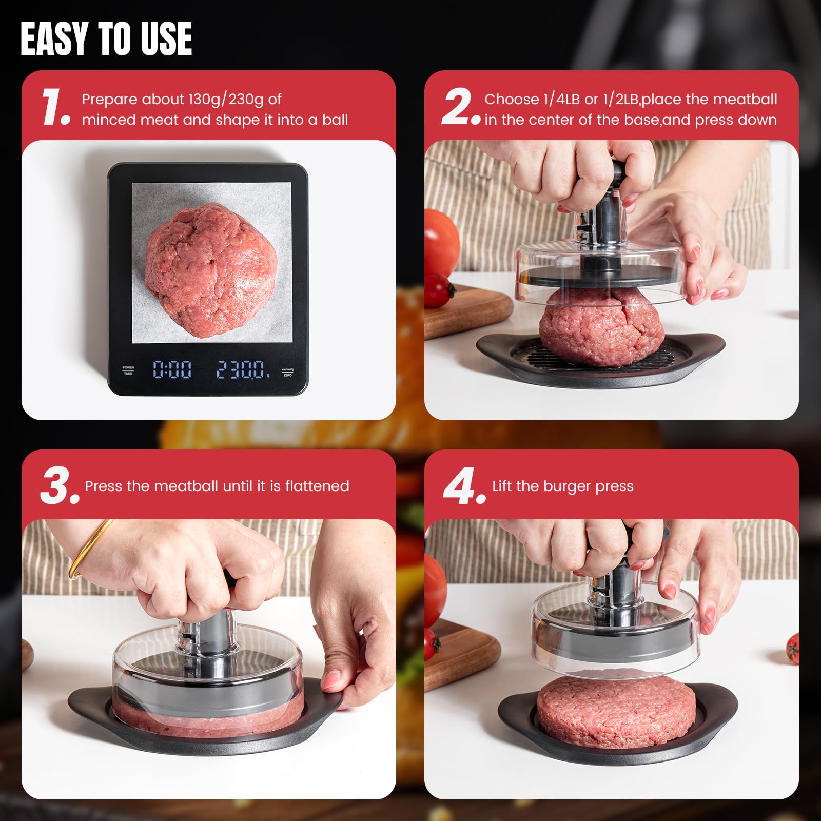 ANJUKE Burger Press, 6.4 inch Round Burger Smasher, 2 in 1 Non-Stick Burger Press Patty Maker for Making 1/2 lb and 1/4 lb BBQ Baking Stuffed Burgers Beef Burger(Black) — view 8