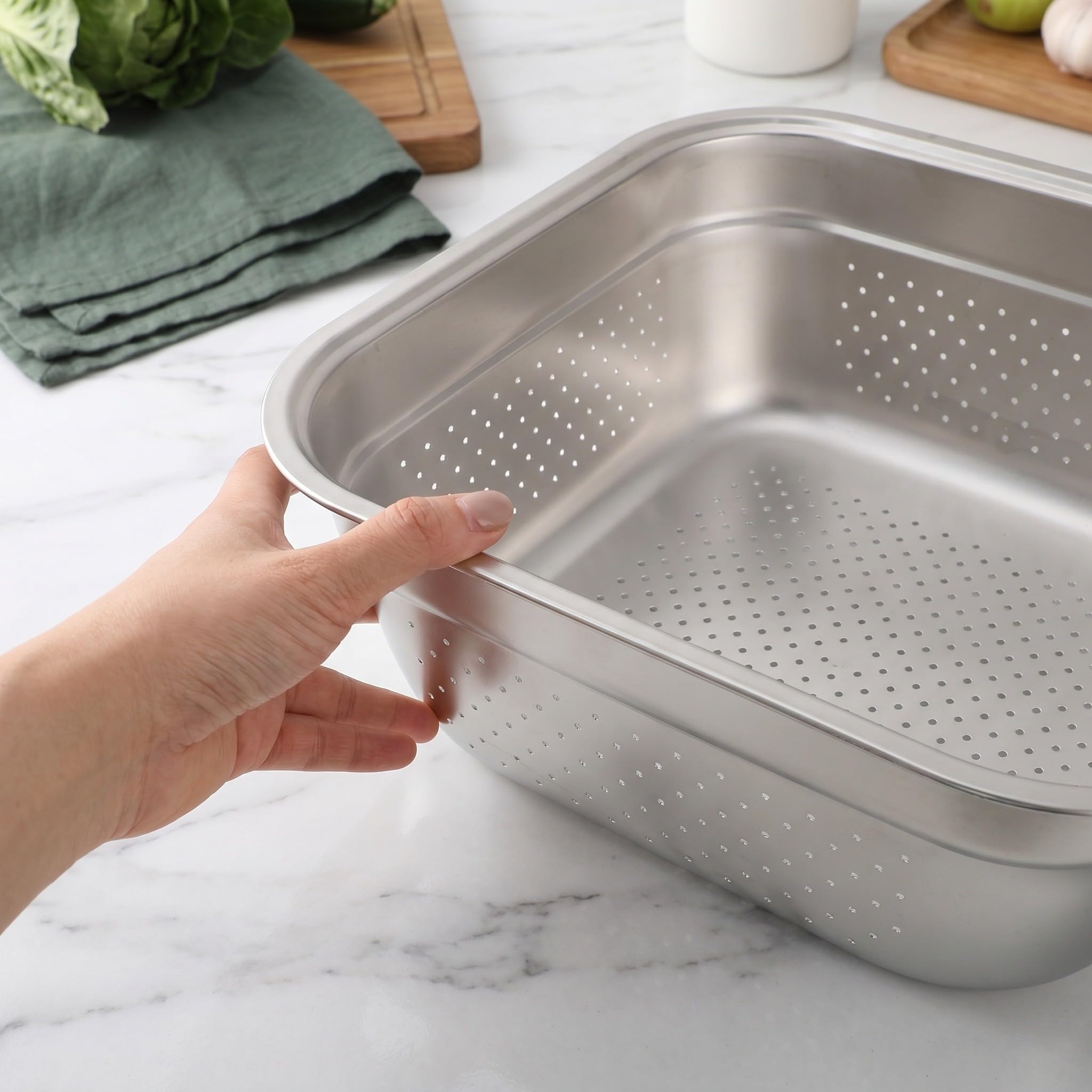 Operitacx Recipiente de acero inoxidable para lavar platos, colador cuadrado grande para fregadero de cocina, palangana para lavar frutas y verduras con borde liso para facilitar la limpieza, 30 x
