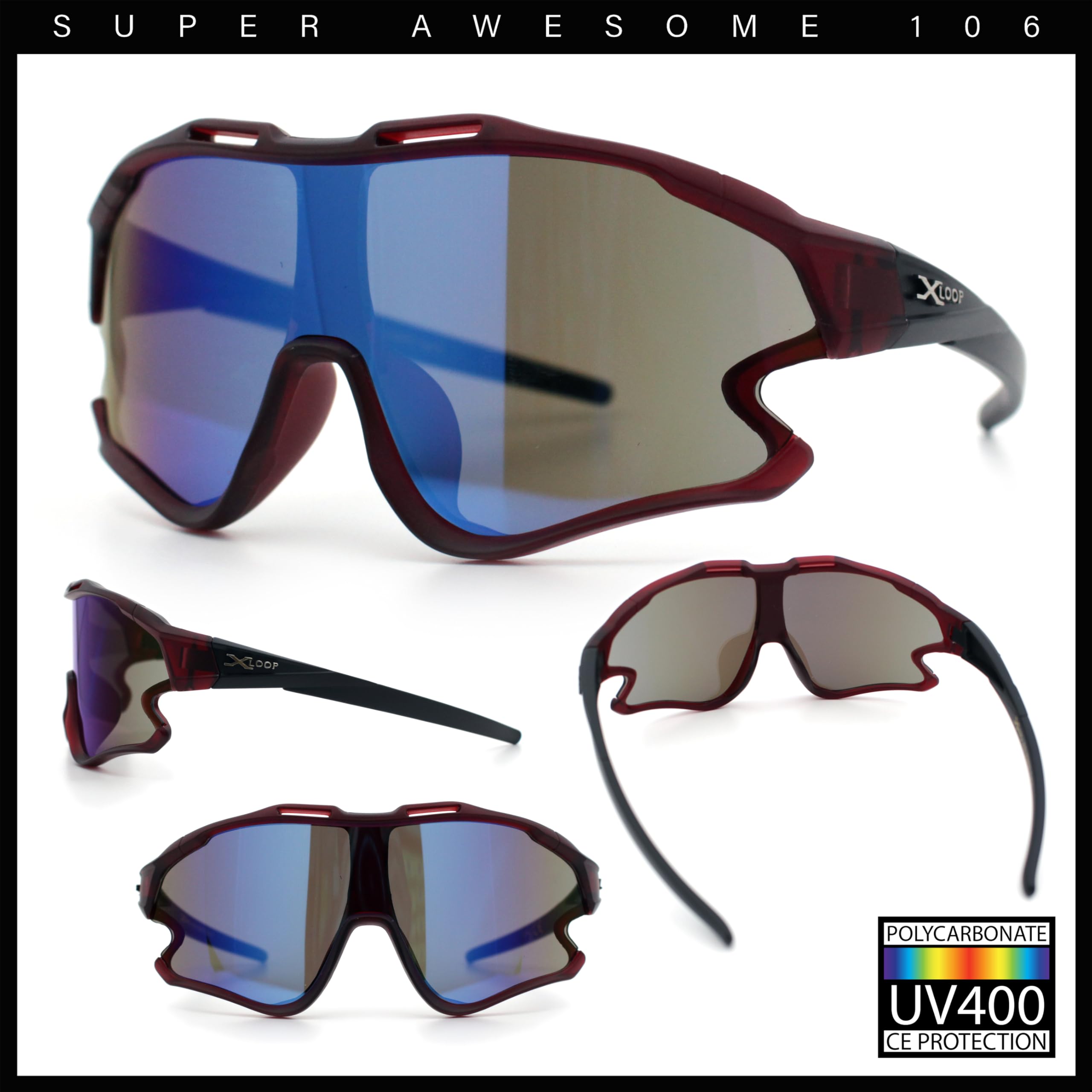 Kids Size Boys Xloop Shield Color Mirror Plastic Wrap Around Sport Sunglasses Burgundy - Blue Mirror